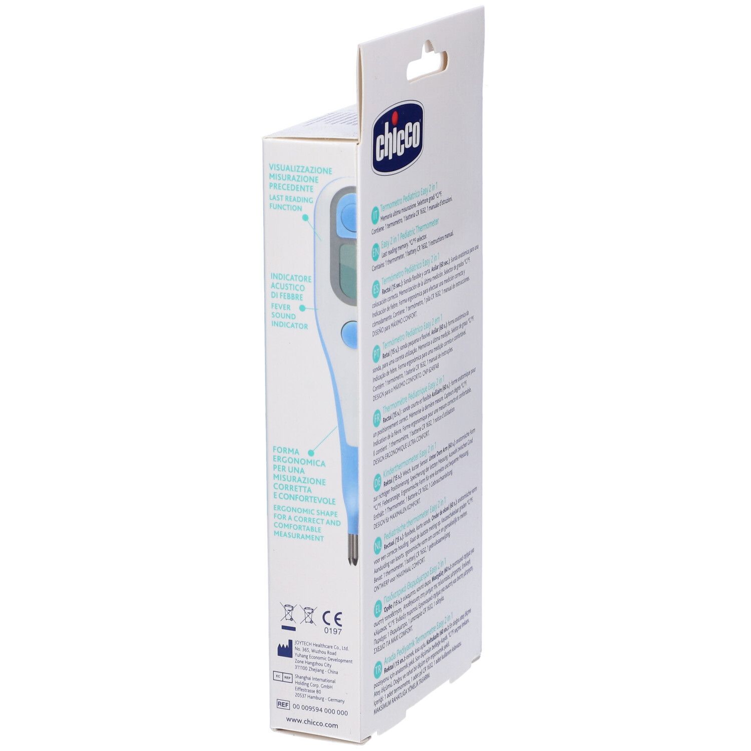 Confezione del termometro Easy 2 in 1. Marchio Chicco. Vista laterale con testo.