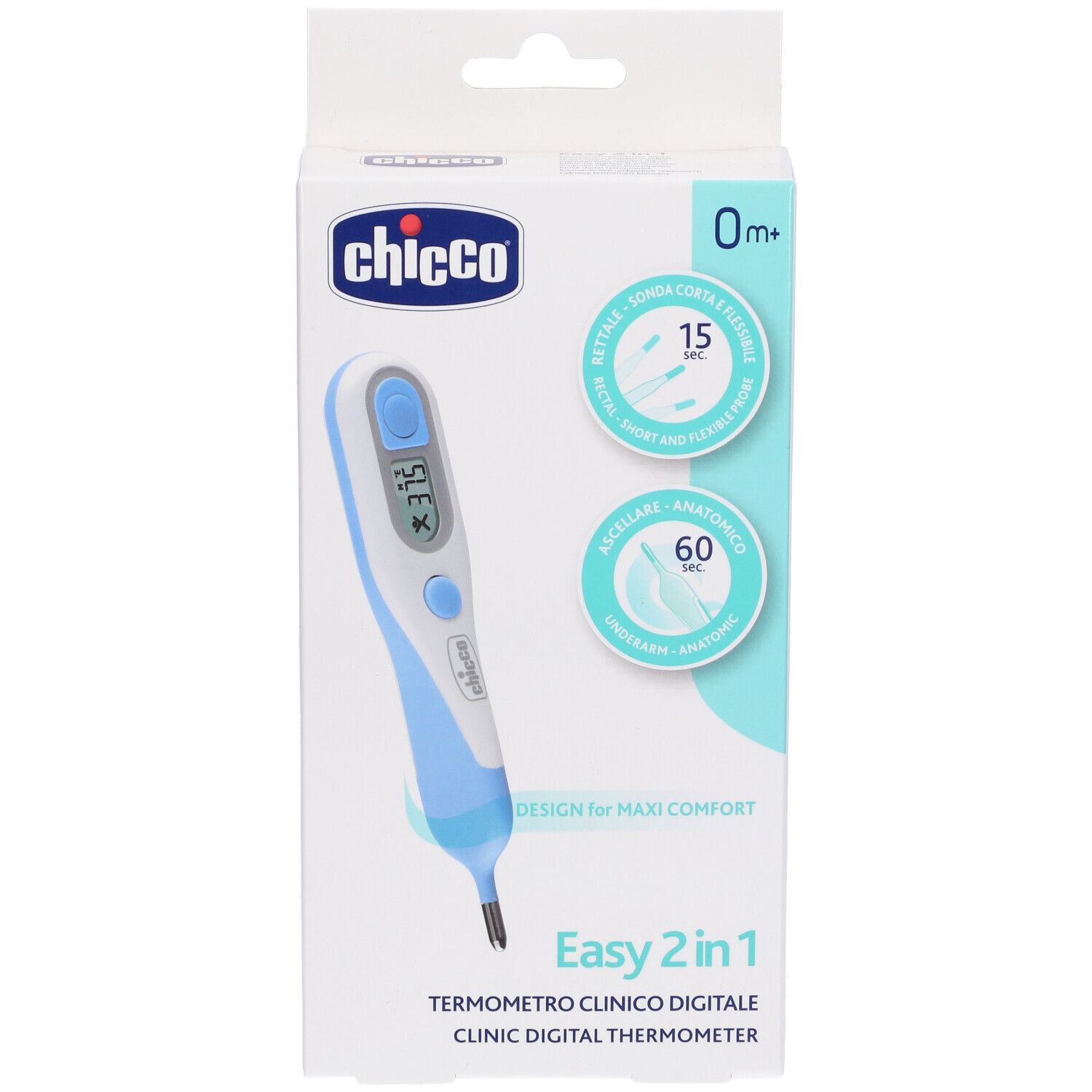 Confezione del termometro Easy 2 in 1. Marchio Chicco. Immagine e testo del prodotto.