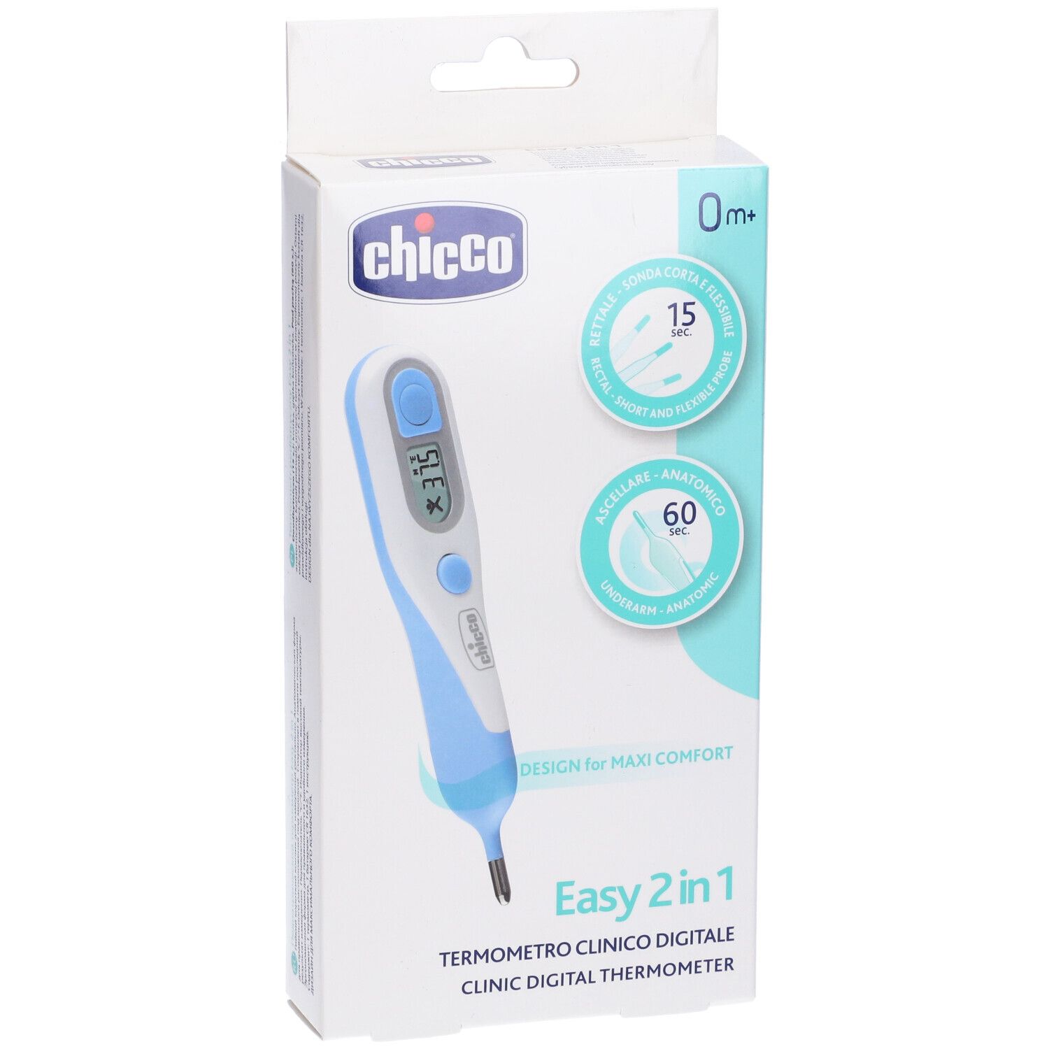 Confezione del termometro Easy 2 in 1. Marchio Chicco. Immagine e testo del prodotto.