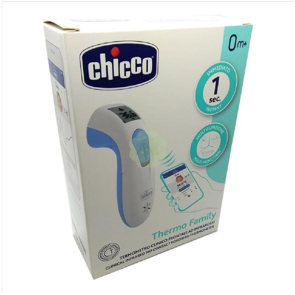 Scatola del termometro a infrarossi Chicco Thermo Family. Scatola bianca con immagine del prodotto e logo. Accenti blu e bianchi.