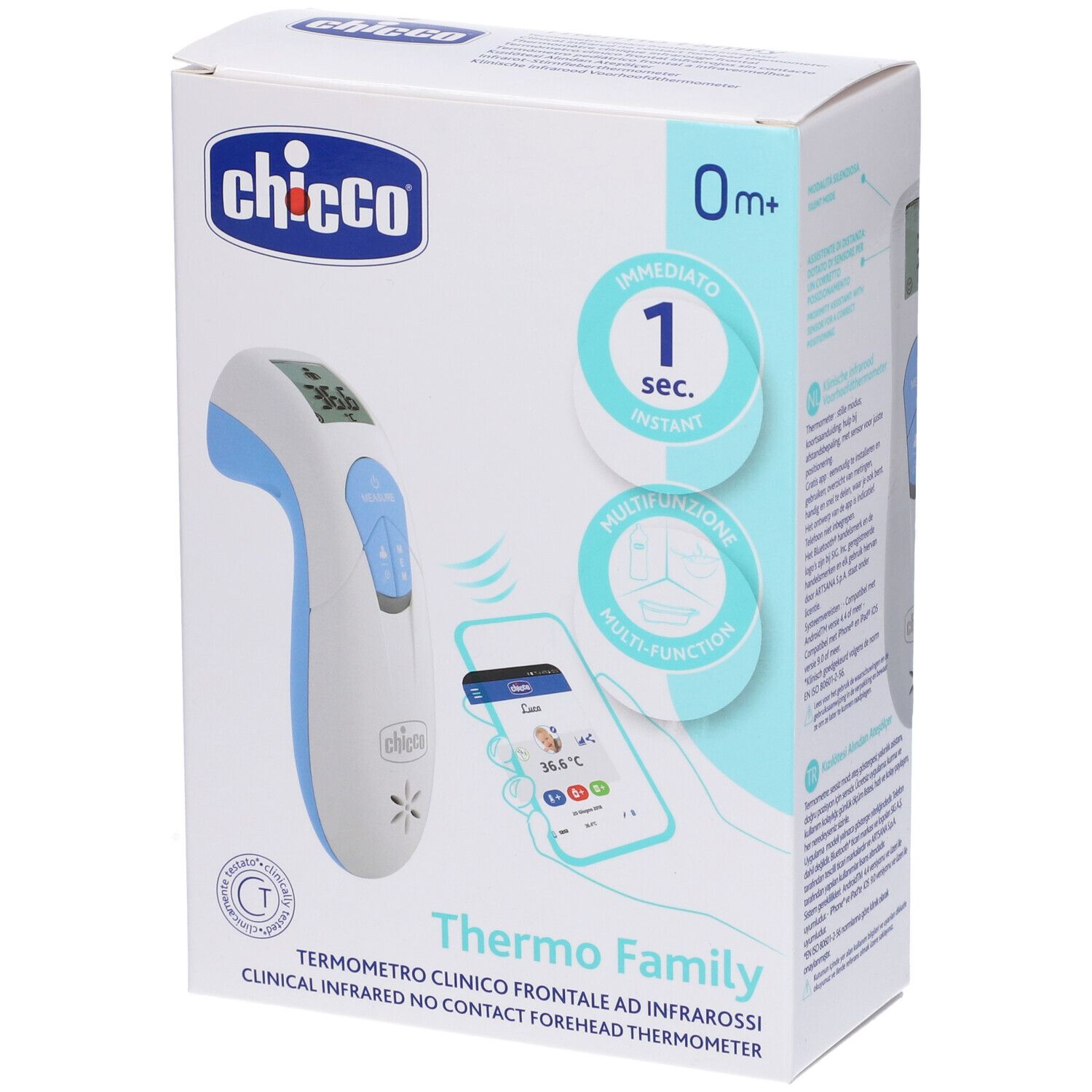 Termometro a infrarossi Chicco Thermo Family sulla confezione. Termometro bianco-blu, display, rappresentazione dell'app per smartphone, 0m+.