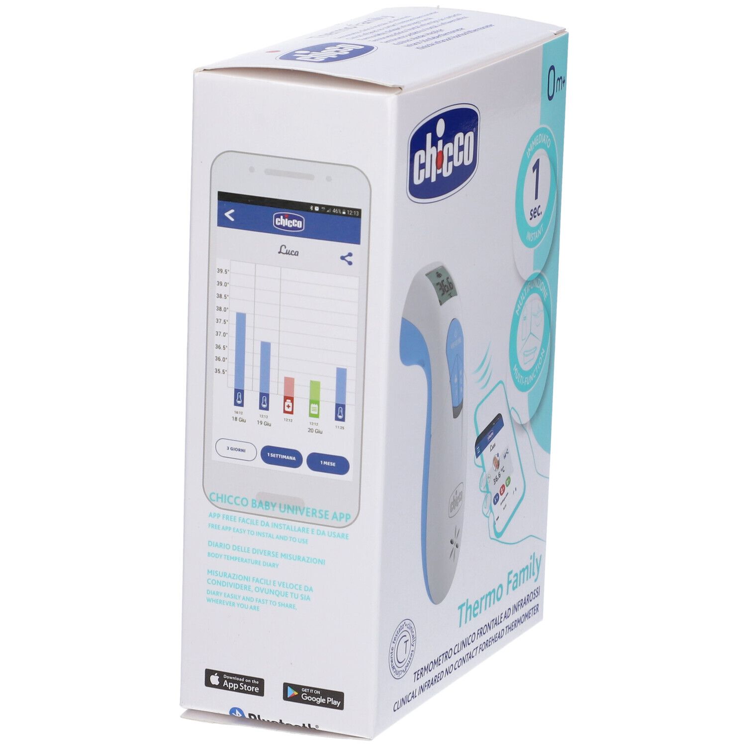 Confezione del Chicco Thermo Family. Lato con grafica dell'app, immagine del termometro, logo e nome del prodotto. Design bianco-blu.