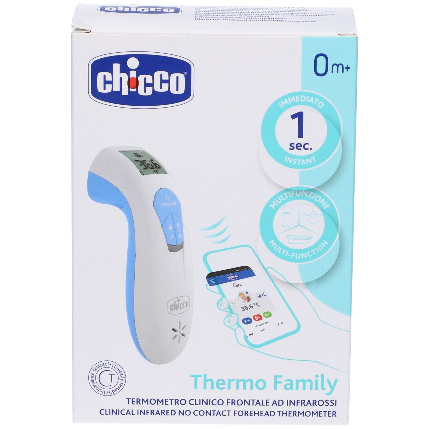 Termometro a infrarossi Chicco Thermo Family sulla confezione. Termometro bianco-blu, display, rappresentazione dell'app per smartphone, 0m+.