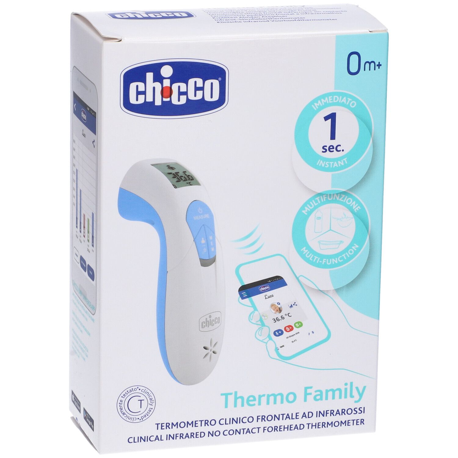 Termometro a infrarossi Chicco Thermo Family sulla confezione. Termometro bianco-blu, display, rappresentazione dell'app per smartphone, 0m+.