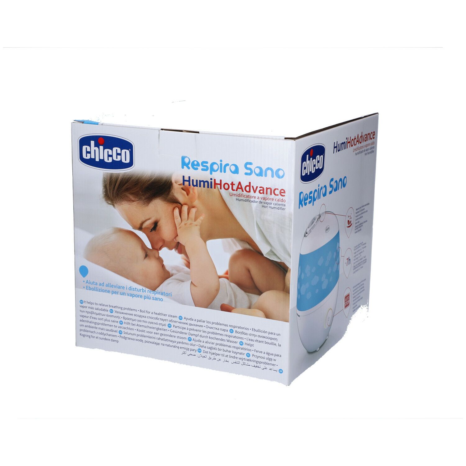 Chicco Respira Sano HumiHotAdvance. Confezione con immagine del prodotto e motivo madre-bambino. Loghi e nomi.