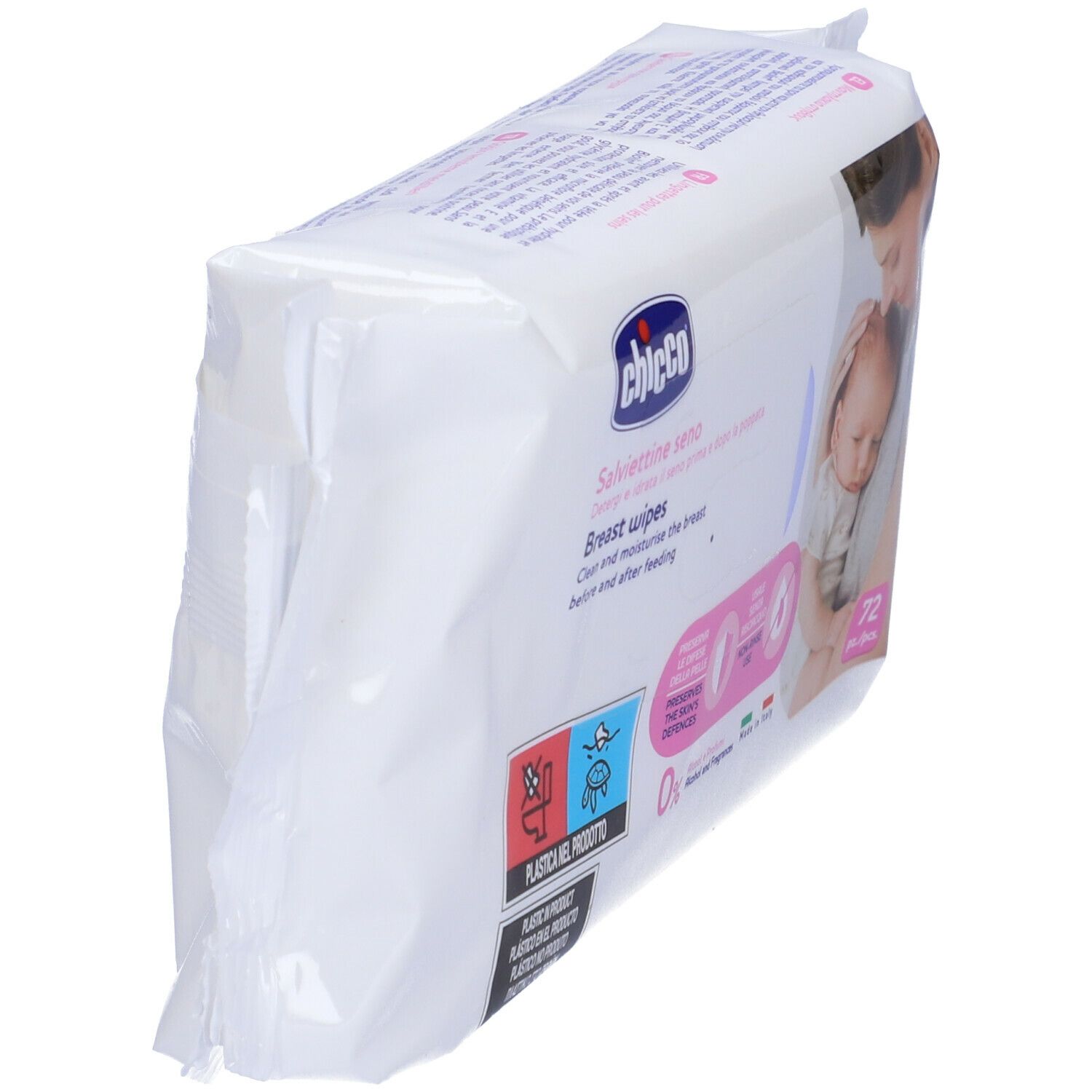 Vista angolata della confezione di salviette per il seno Chicco. Scritto: Salviette seno, Breast wipes.