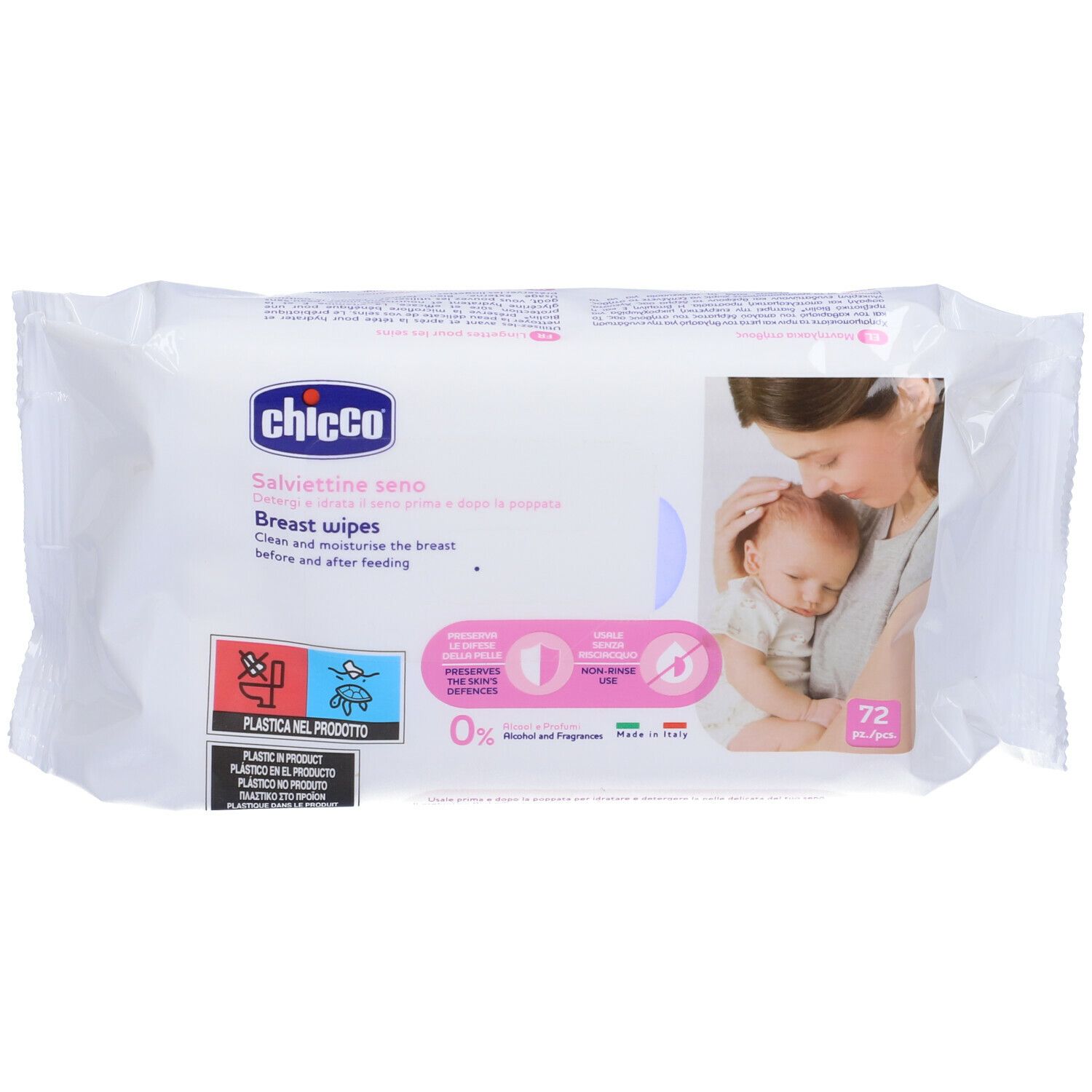 Confezione di salviette per il seno Chicco. Scritto: Salviette seno, Breast wipes. Contiene 72 pezzi.