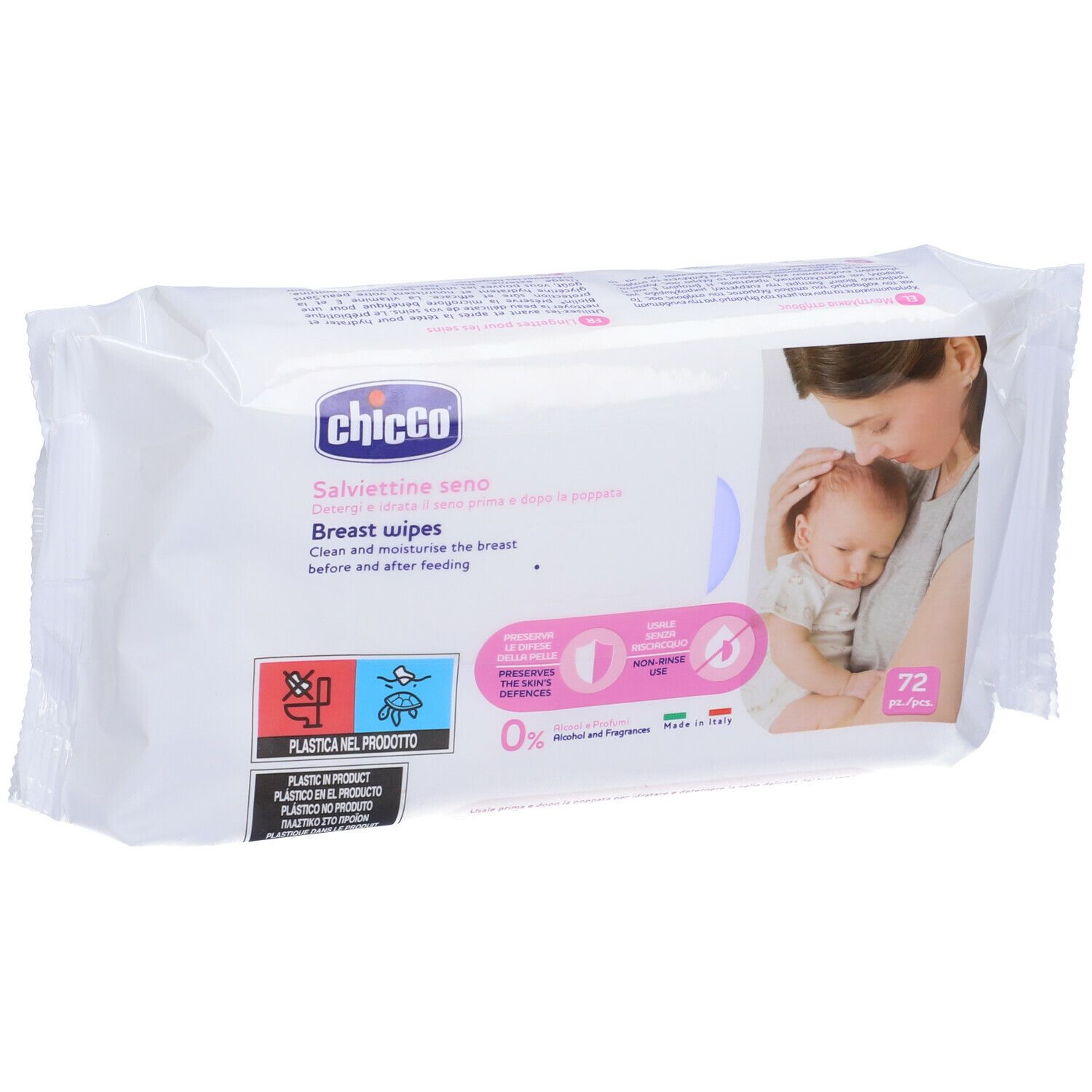 Confezione di salviette per il seno Chicco. Scritto: Salviette seno, Breast wipes. Contiene 72 pezzi.
