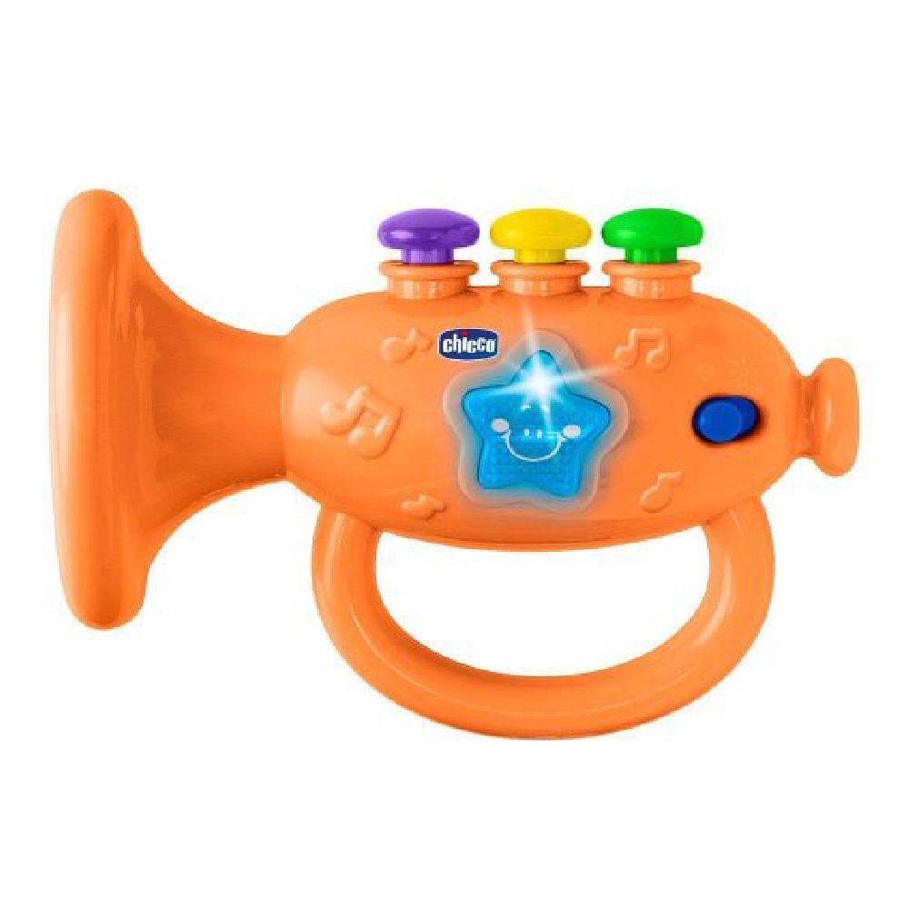 Tromba giocattolo arancione con tre pulsanti colorati. Decorazioni a stella e note musicali. Marchio Chicco.