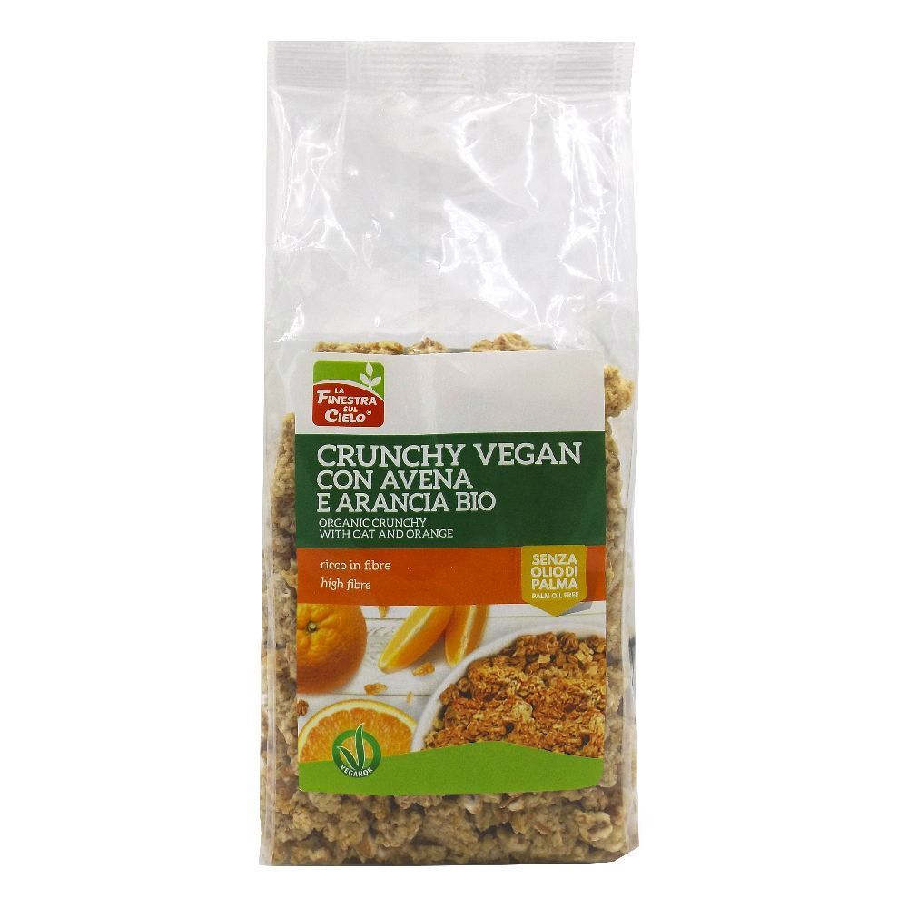 Confezione trasparente di Crunchy Vegan Con Avena E Arancia Bio. Stampa con nome prodotto, arancia e fiocchi d'avena.
