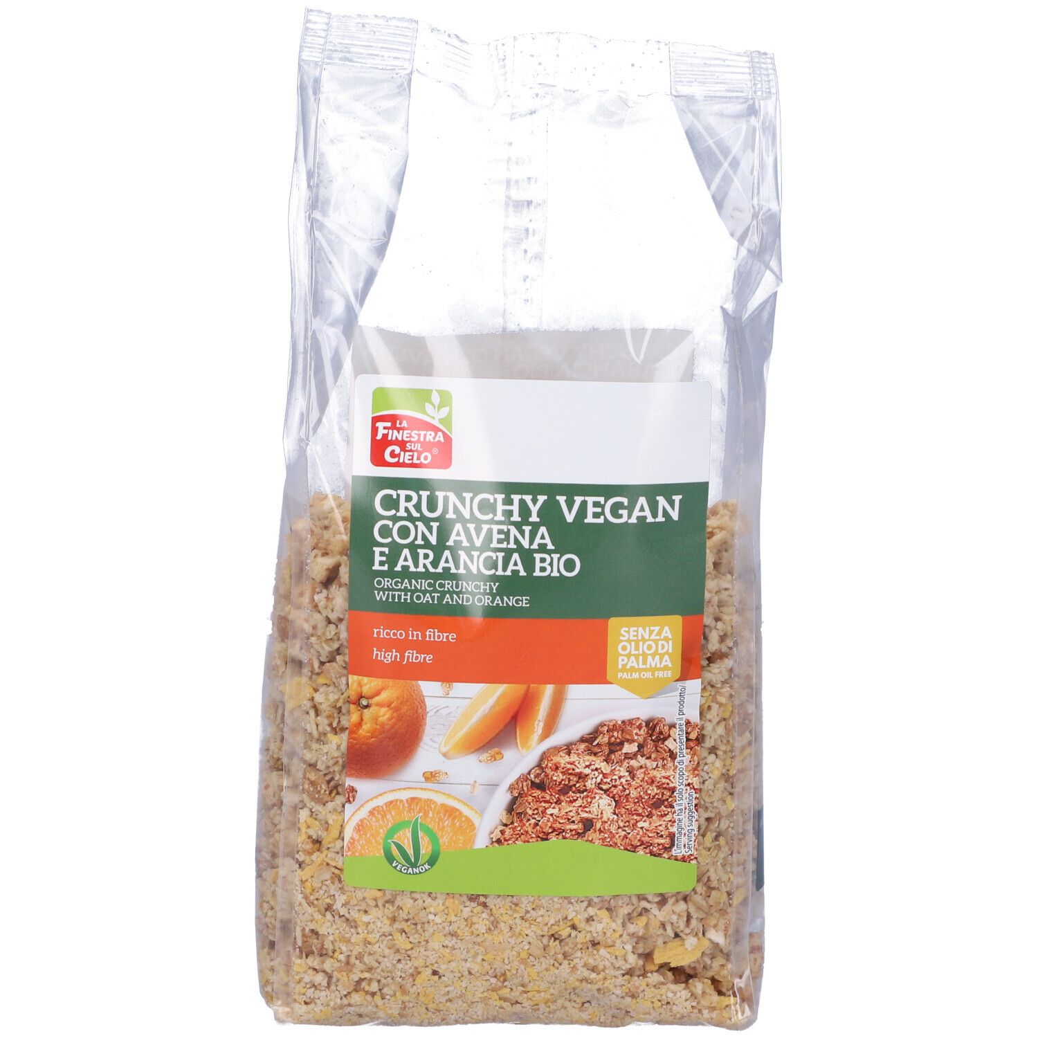 Confezione trasparente di Crunchy Vegan Con Avena E Arancia Bio. Nome del prodotto, arancia e fiocchi d'avena stampati.
