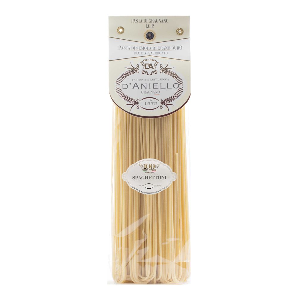 Confezione di spaghettoni. Scritte: D'Aniello, 1972, Spaghettoni. Pasta di Gragnano I.G.P.