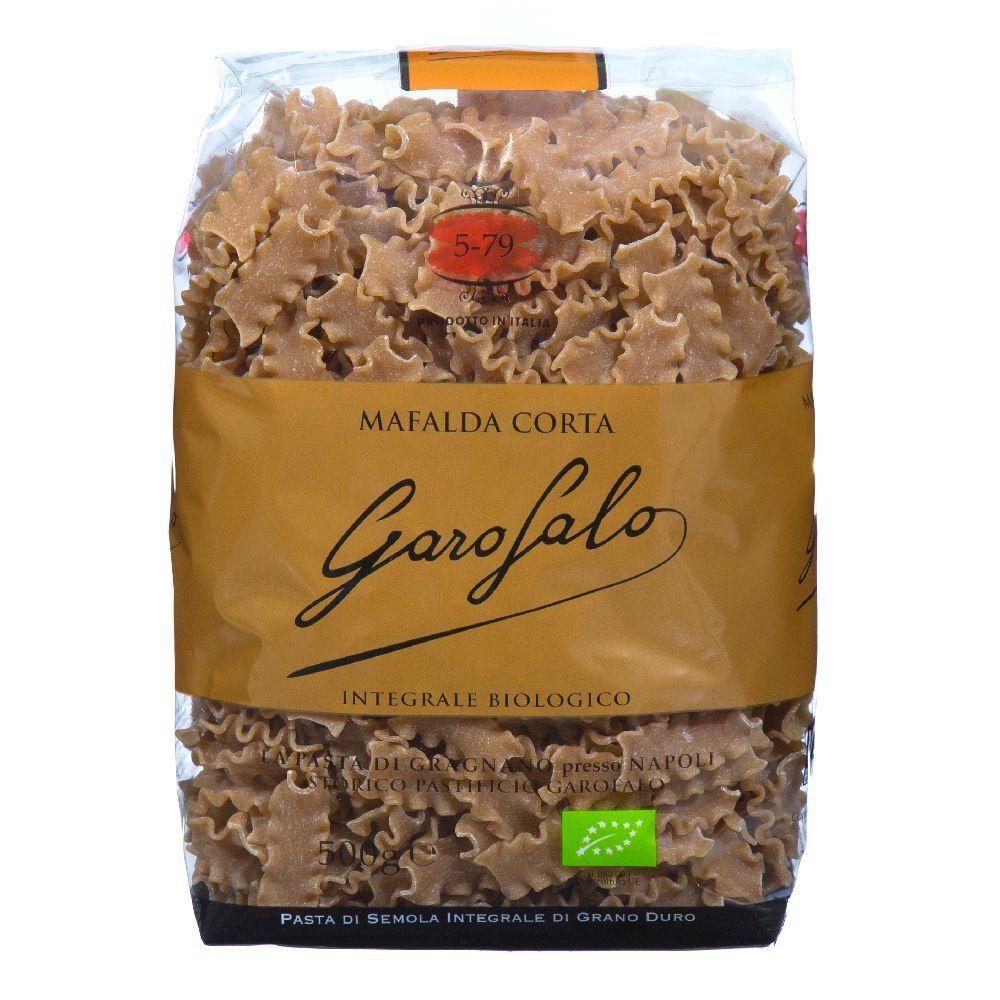 Confezione di pasta Mafalda marrone. Scritta: Garofalo, Mafalda Corta, integrale biologico.