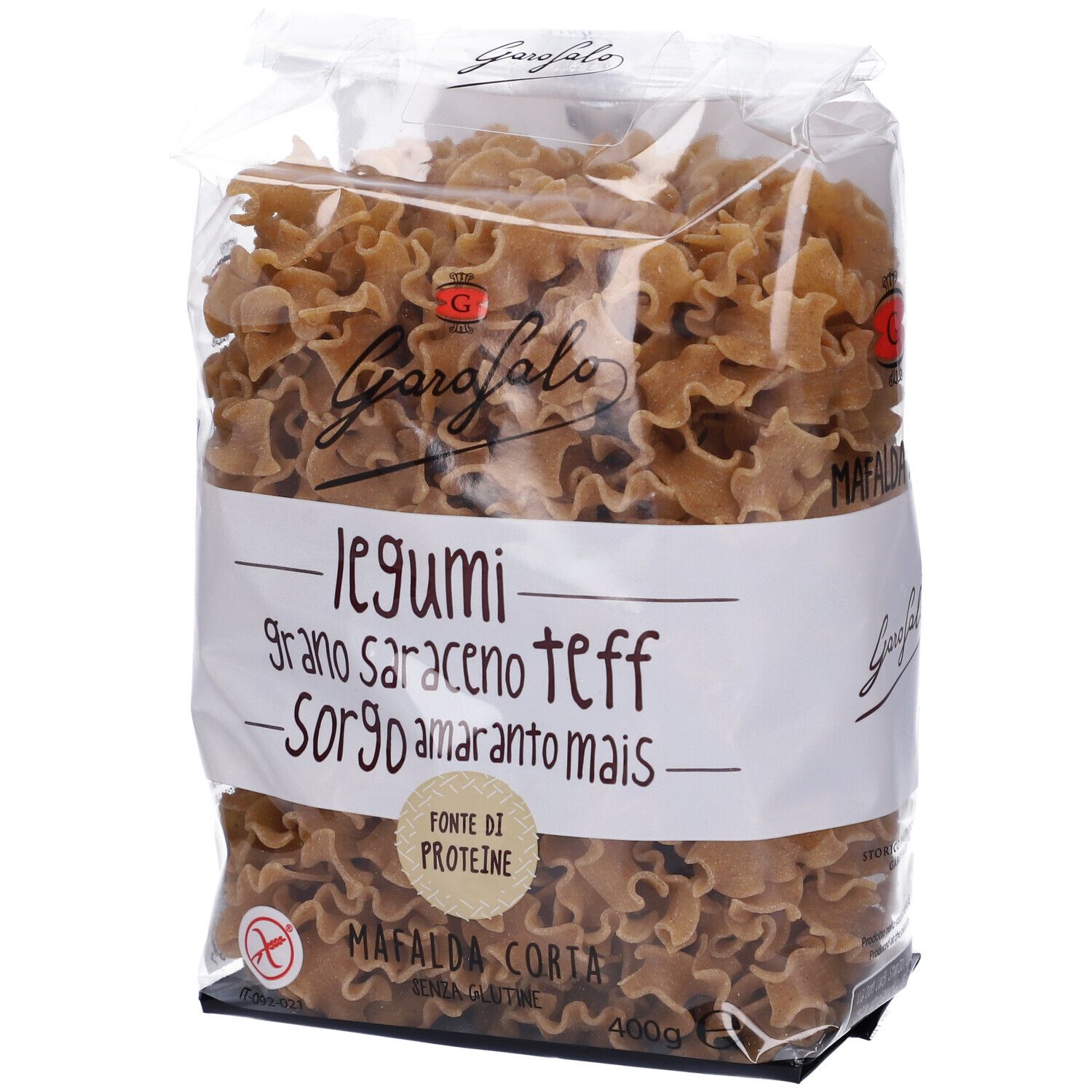 Confezione di pasta Mafalda marrone. Scritta: Garofalo, Legumi, grano saraceno, teff, sorgo, amaranto, mais.