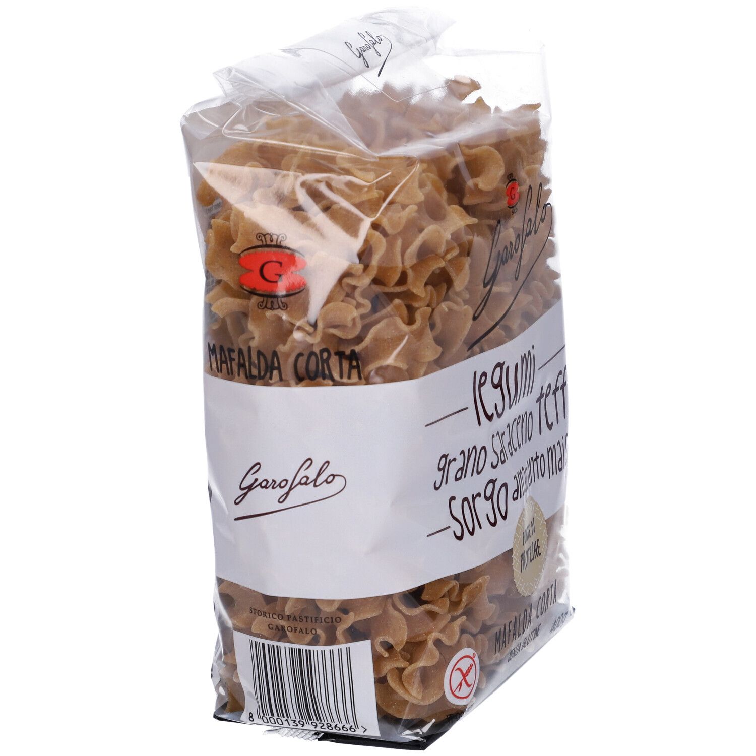 Confezione di pasta Mafalda marrone. Scritta: Garofalo, Legumi, grano saraceno, teff, sorgo, amaranto, mais.