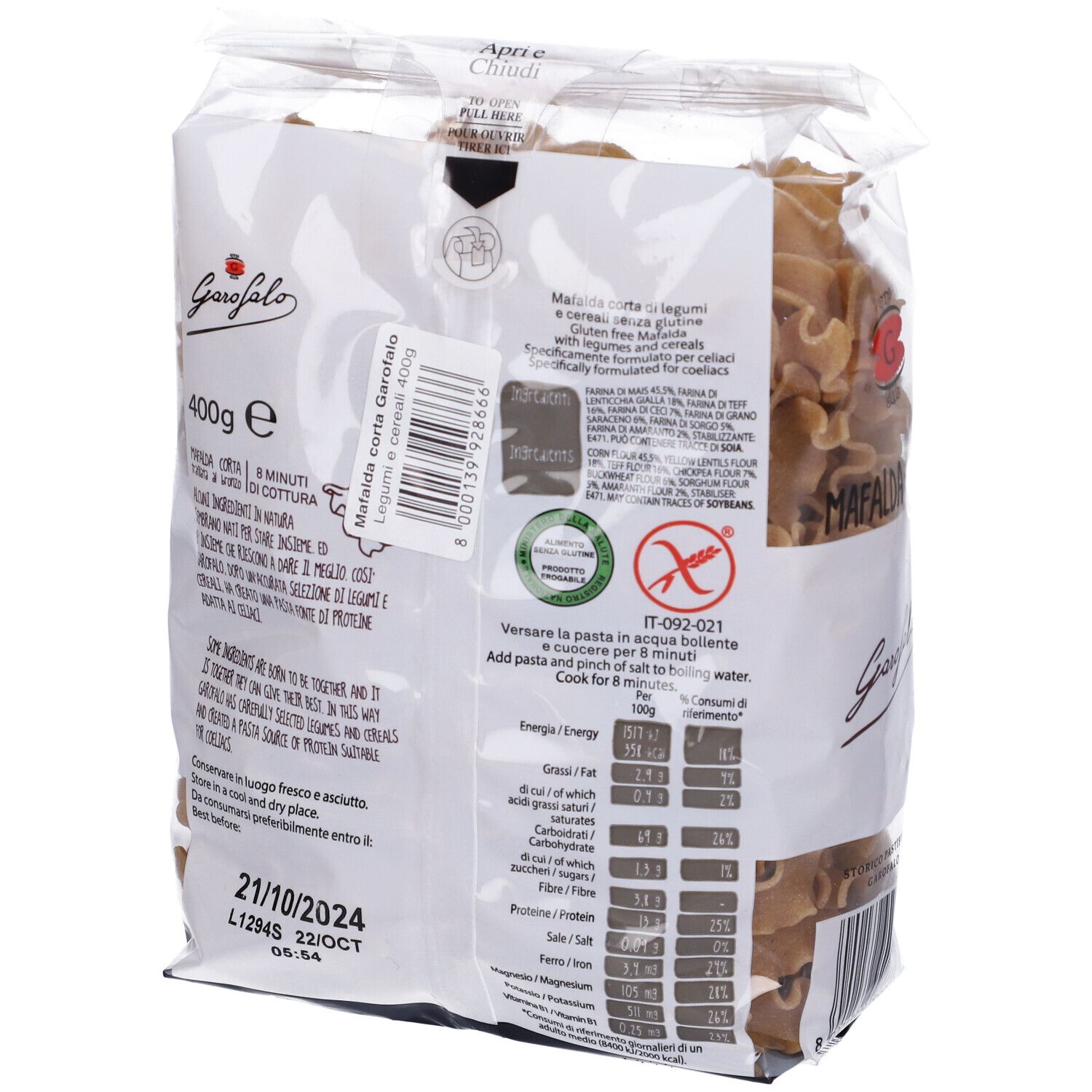 Retro confezione pasta Mafalda marrone. Scritta: Garofalo, 400g, ingredienti, valori nutrizionali, scadenza.