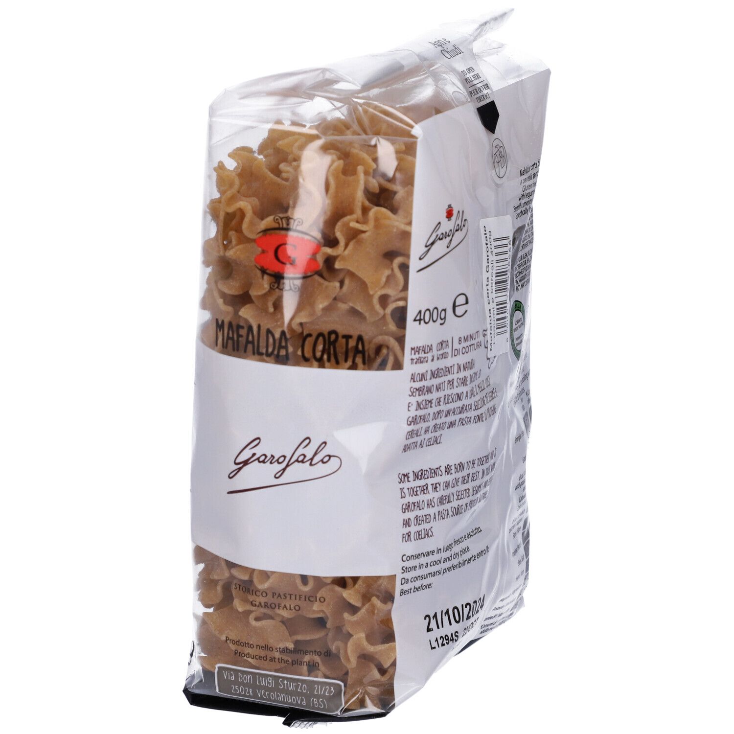 Confezione di pasta Mafalda marrone. Scritta: Garofalo, 400g, ingredienti, valori nutrizionali, scadenza.