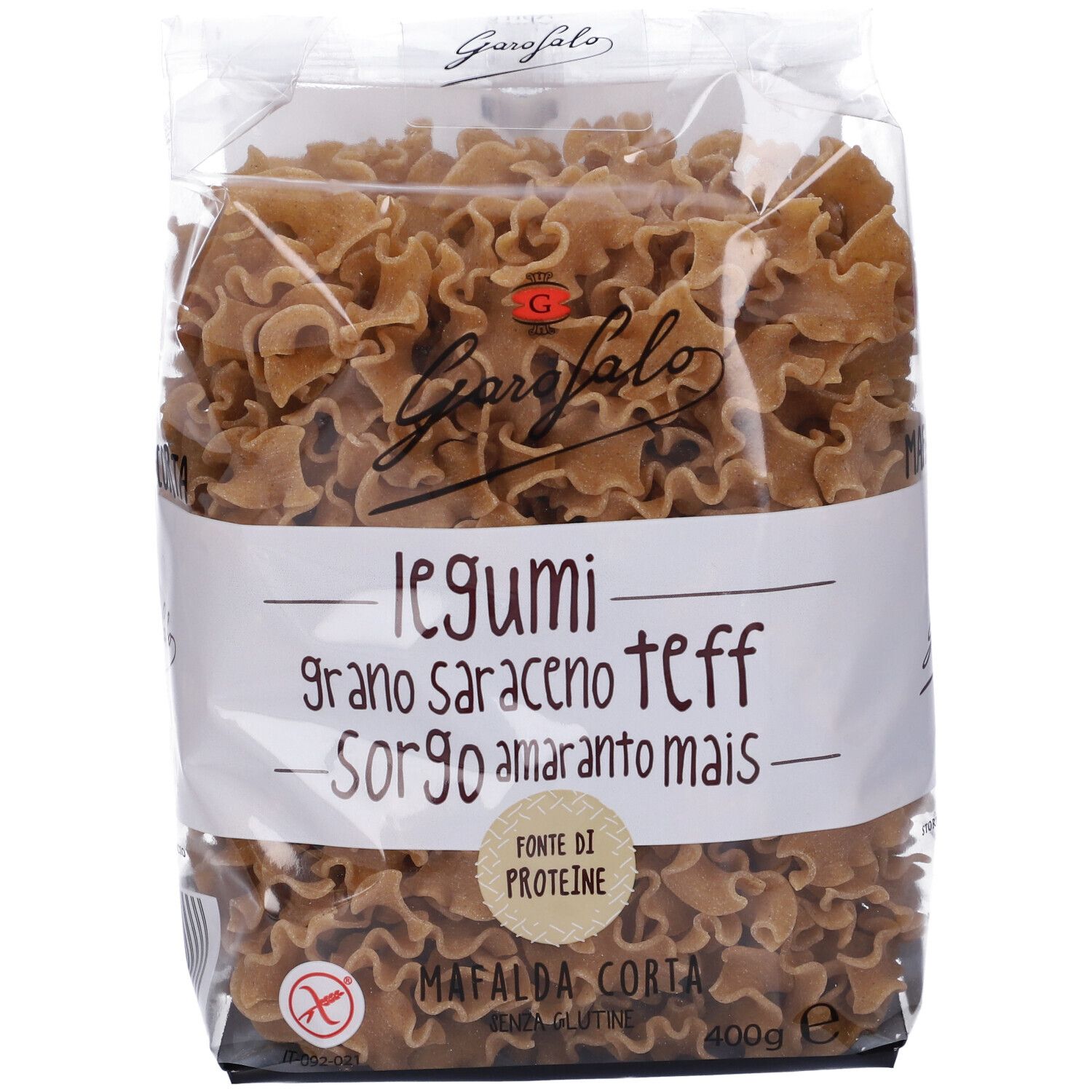 Confezione di pasta Mafalda marrone. Scritta: Garofalo, Legumi, grano saraceno, teff, sorgo, amaranto, mais.