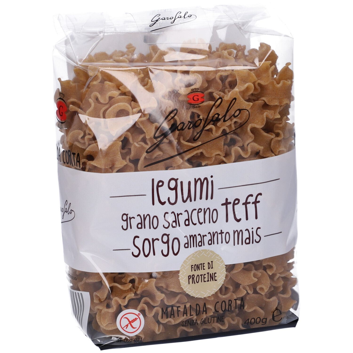 Confezione di pasta Mafalda marrone. Scritta: Garofalo, Legumi, grano saraceno, teff, sorgo, amaranto, mais.
