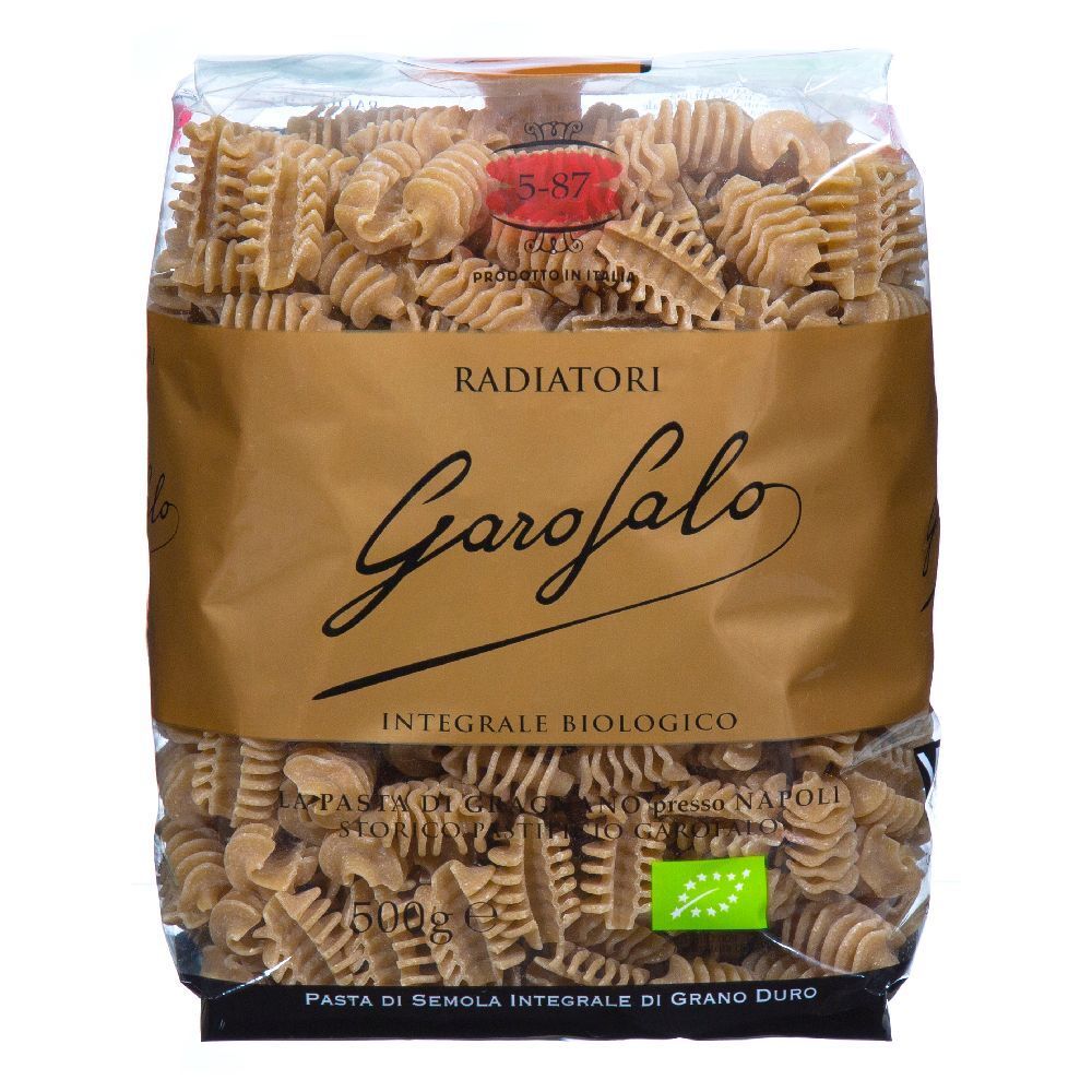 Pasta Garofalo Radiatori Senza Glutine. Pasta marrone in confezione trasparente. Scritta: Radiatori, integrale biologico.