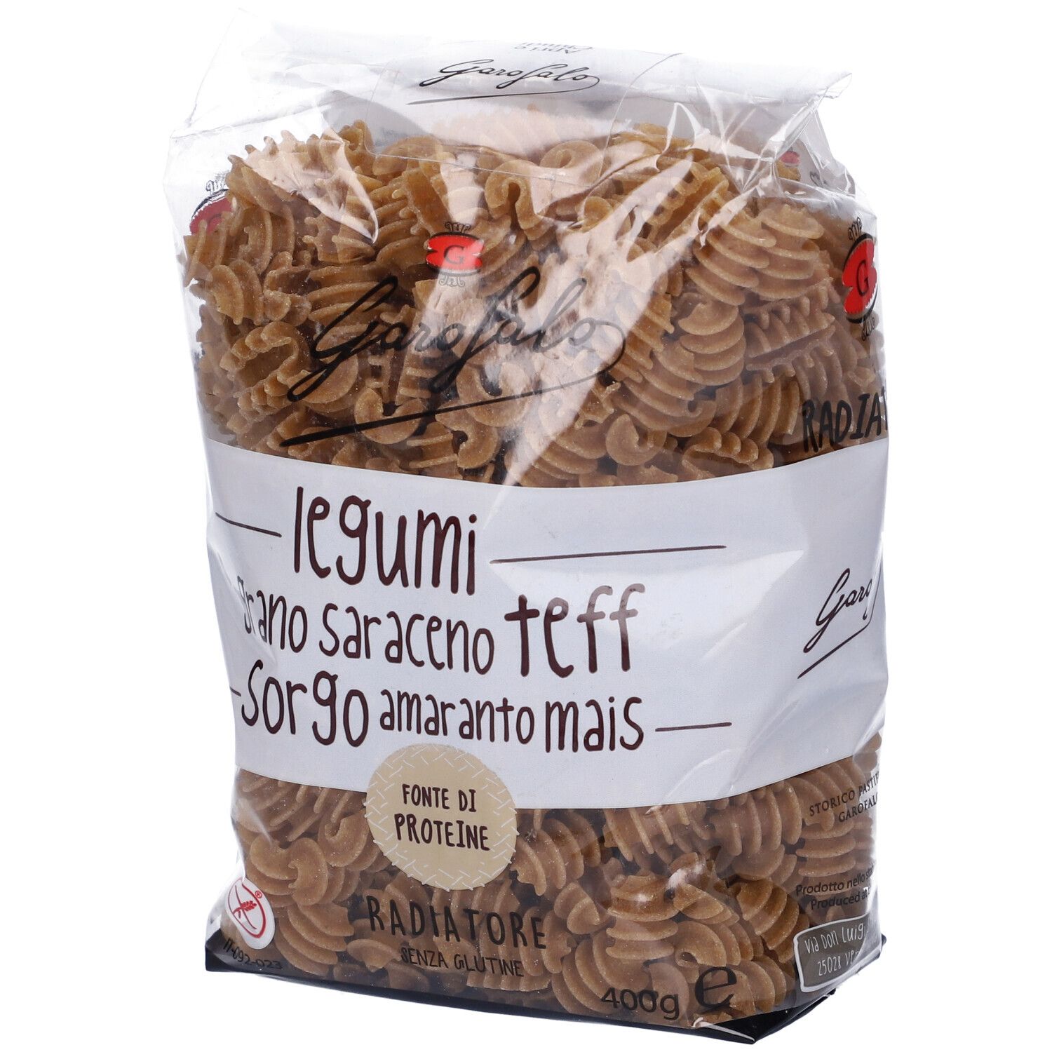 Pasta Garofalo Radiatori Senza Glutine. Pasta marrone in confezione trasparente. Scritta: legumi, grano saraceno, teff, sorgo, amarant.