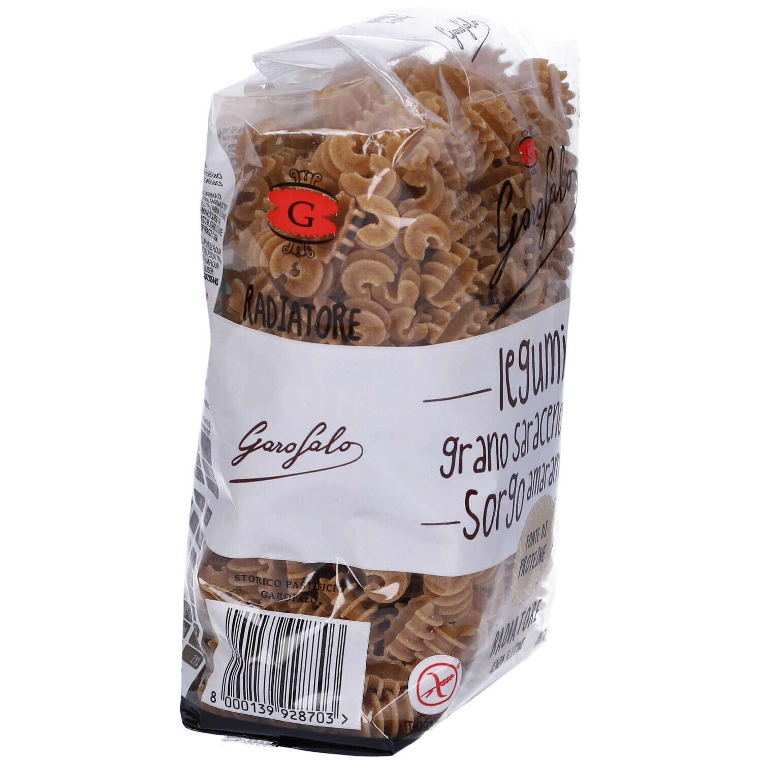 Pasta Garofalo Radiatori Senza Glutine. Pasta marrone in confezione trasparente. Scritta: Radiatore, Garofalo, legumi, grano saraceno, sorgo.