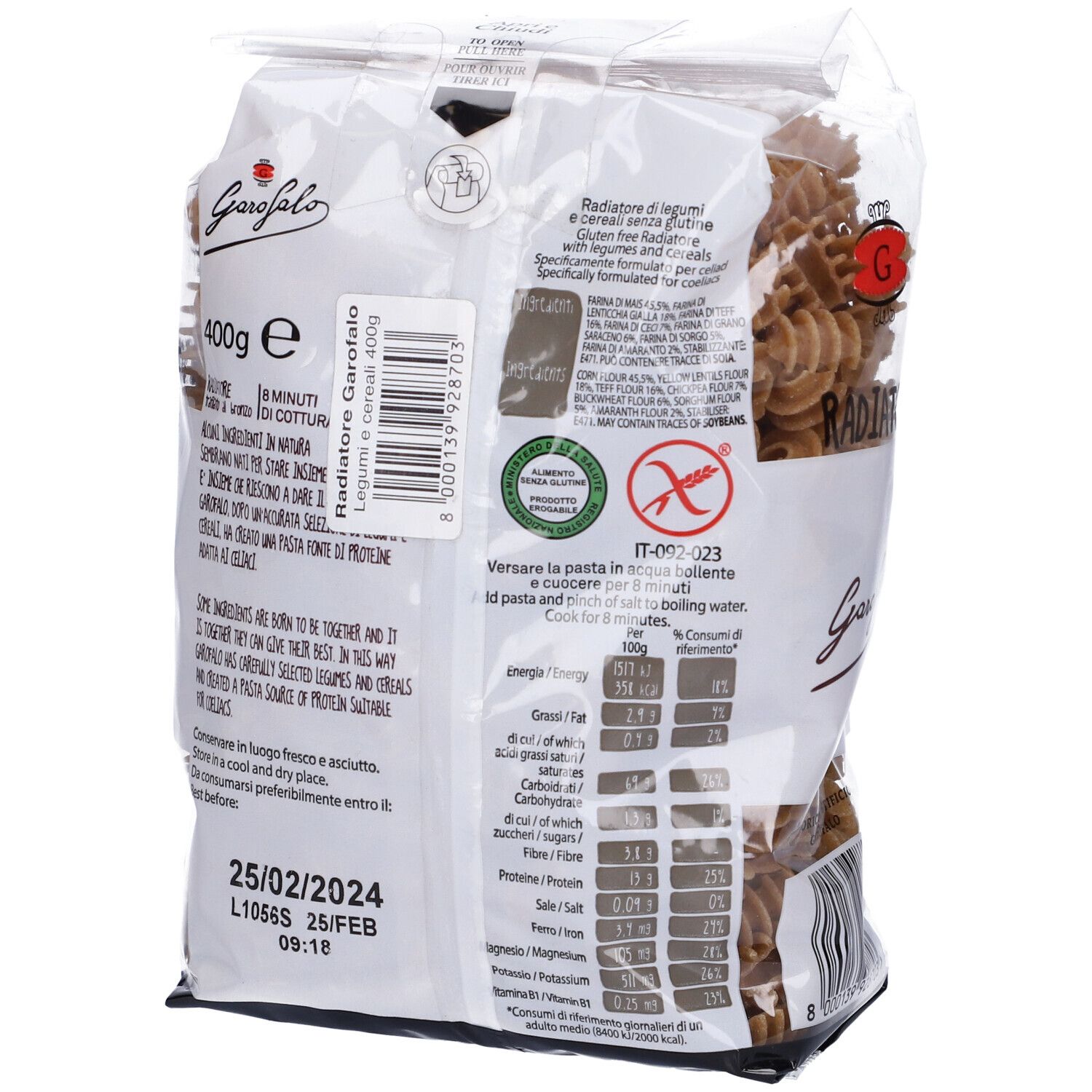 Pasta Garofalo Radiatori Senza Glutine. Retro della confezione. Contiene informazioni su ingredienti, valori nutrizionali e durata.