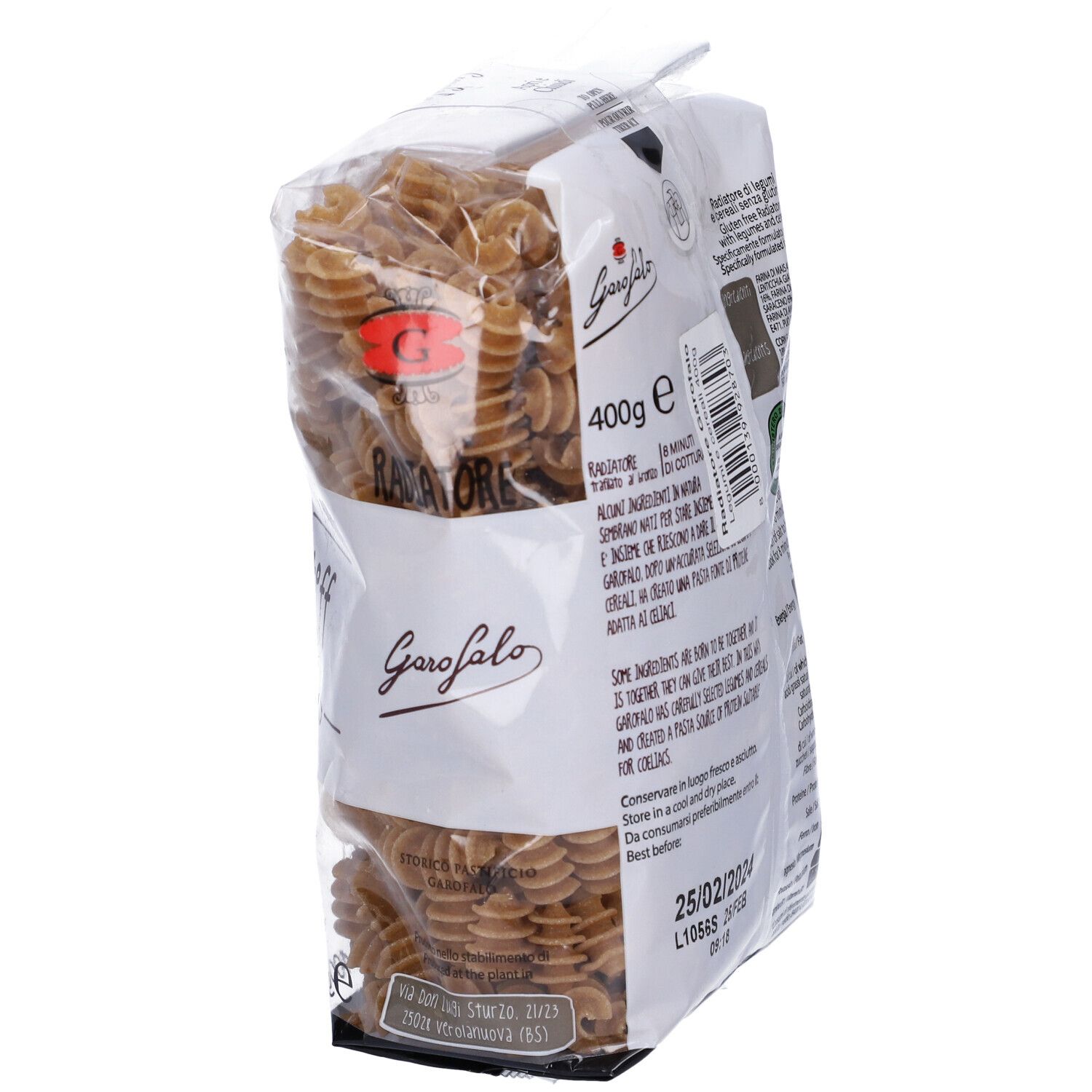 Pasta Garofalo Radiatori Senza Glutine. Pasta marrone in confezione trasparente. Scritta: Radiatore, Garofalo, 400g, data di scadenza.