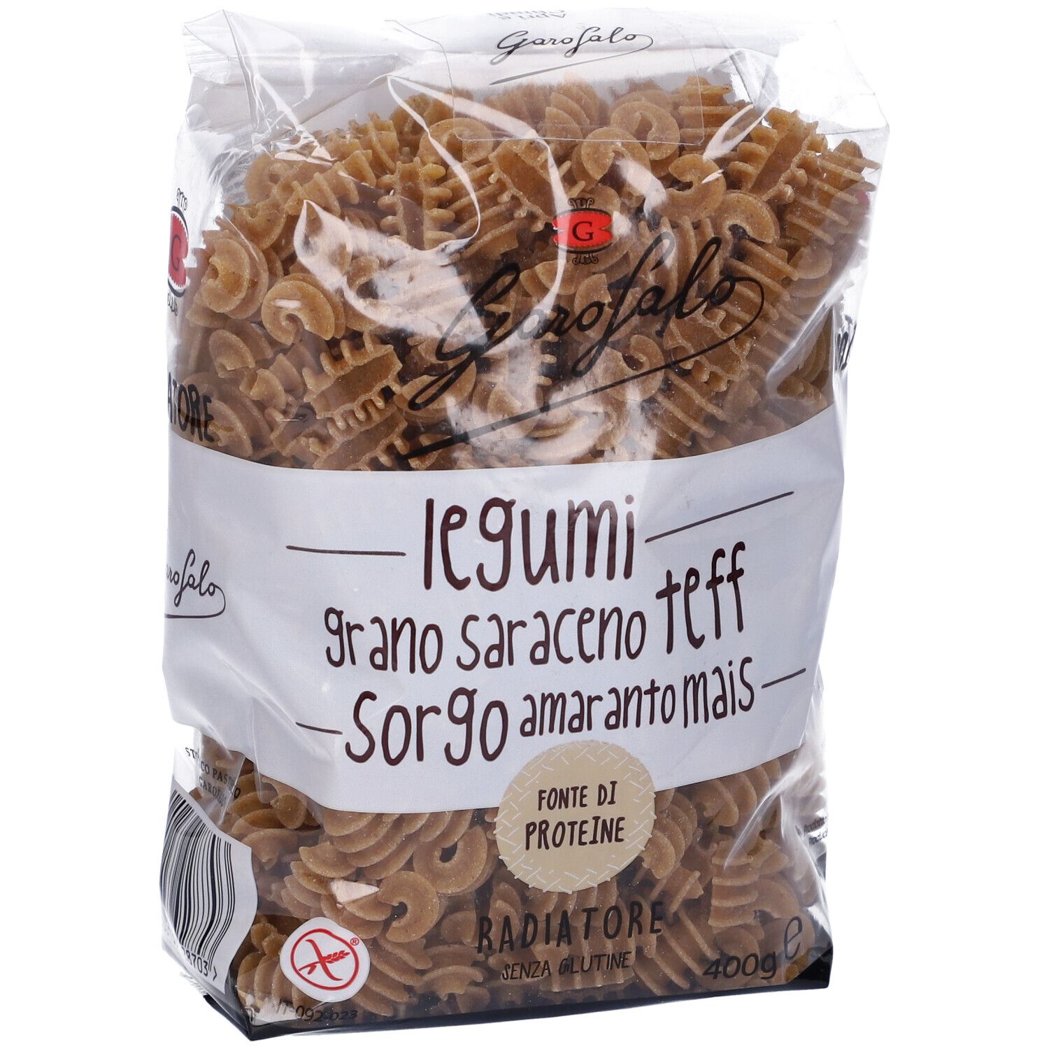 Pasta Garofalo Radiatori Senza Glutine. Pasta marrone in confezione trasparente. Scritta: legumi, grano saraceno, teff, sorgo, amarant, 400g.