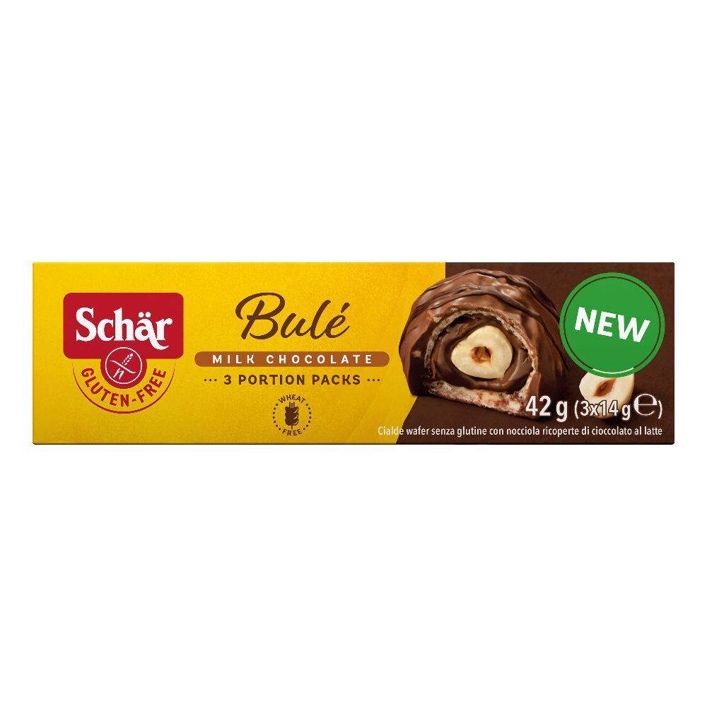 Schär Bulé Milk Chocolate, senza glutine. Confezione da 3 porzioni. Sulla confezione è raffigurato un prodotto a cialda al cioccolato.