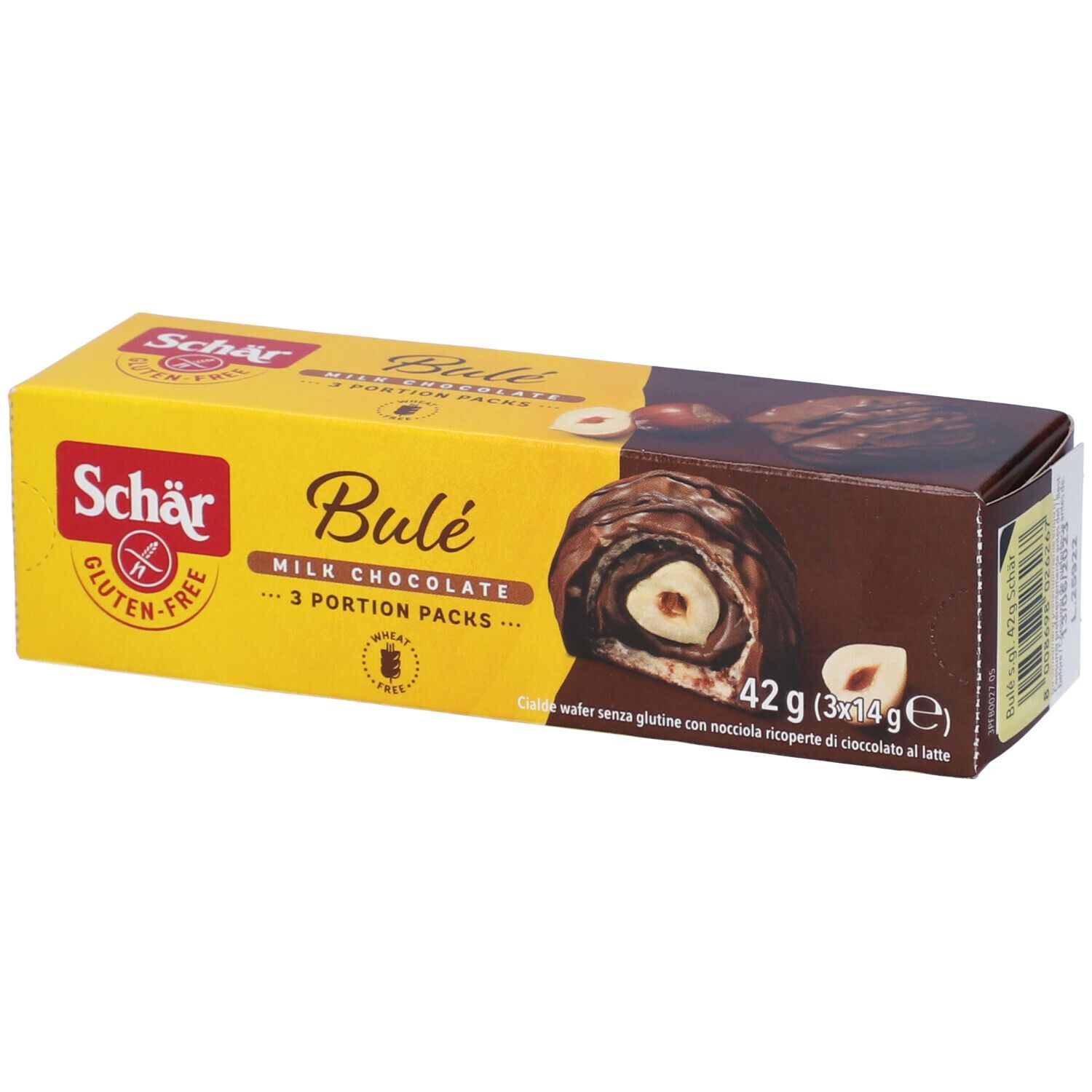 Schär Bulé Milk Chocolate, senza glutine. Confezione giallo-marrone con immagine del prodotto. Scritta: 3 porzioni. Logo senza glutine.