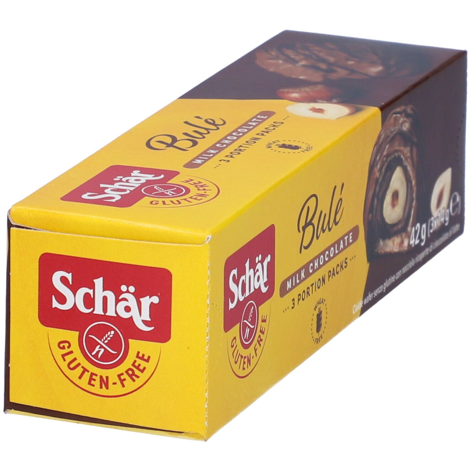 Schär Bulé Milk Chocolate, senza glutine. Confezione giallo-marrone con immagine del prodotto. Scritta: 3 porzioni. Logo senza glutine.