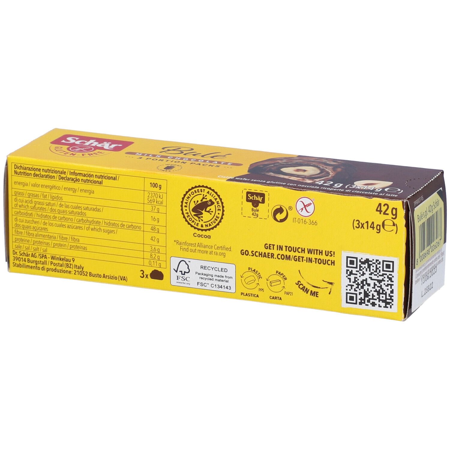 Schär Bulé Milk Chocolate, senza glutine. Confezione giallo-marrone con immagine del prodotto. Scritta: 3 porzioni. Logo senza glutine.