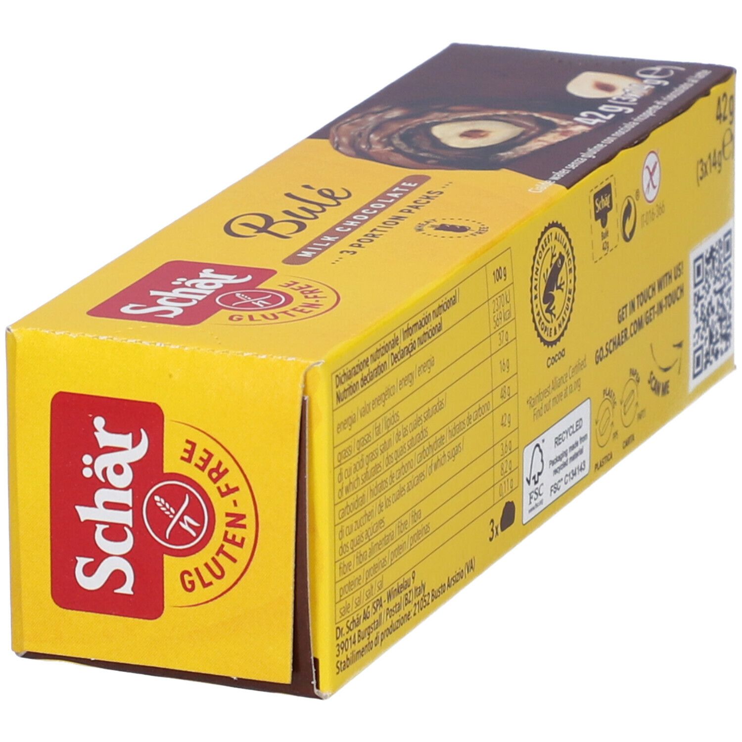 Schär Bulé Milk Chocolate, senza glutine. Confezione con informazioni nutrizionali e codice QR. Scritta: 3 porzioni. Logo senza glutine.