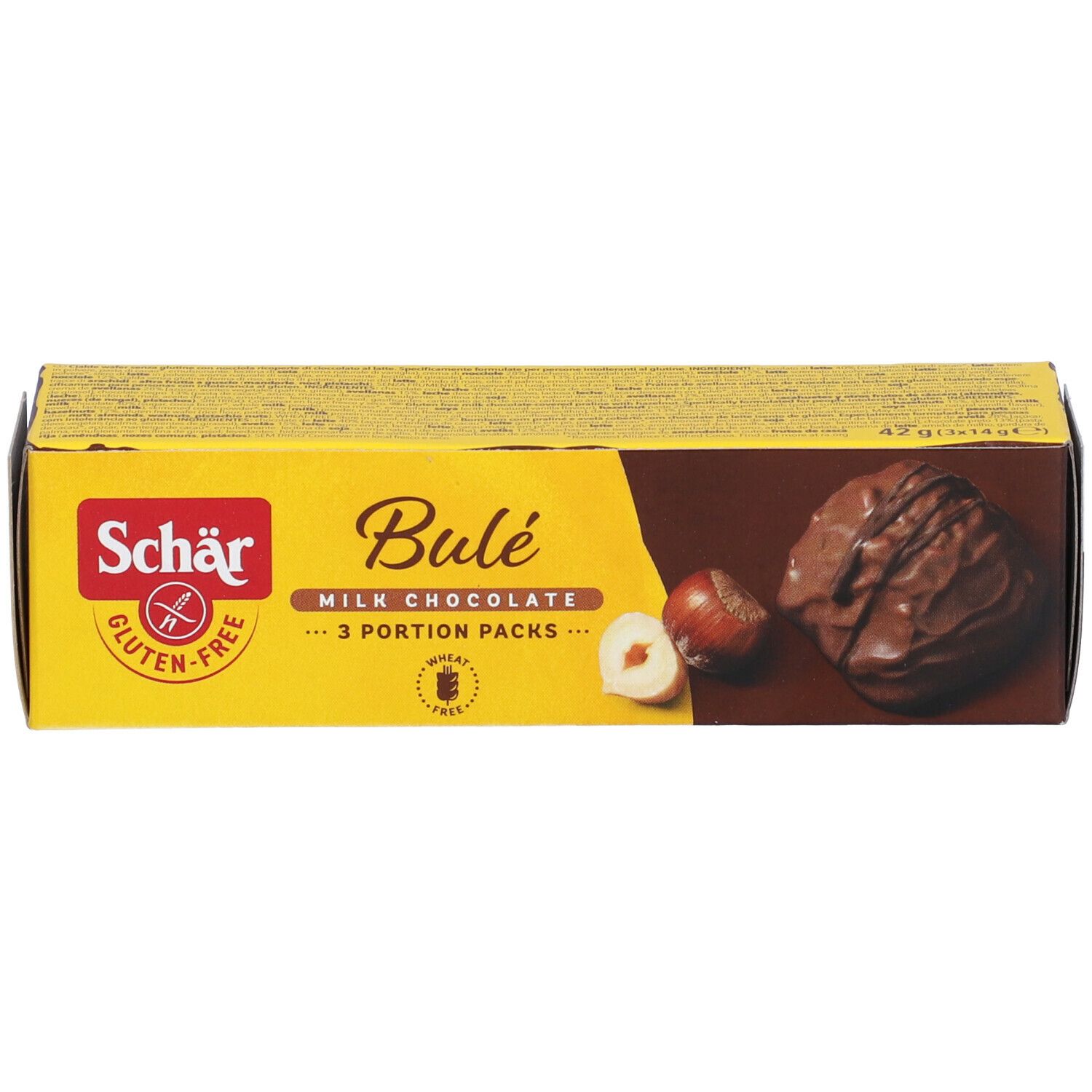 Schär Bulé Milk Chocolate, senza glutine. Confezione con informazioni nutrizionali e codice QR. Scritta: 3 porzioni. Logo senza glutine.