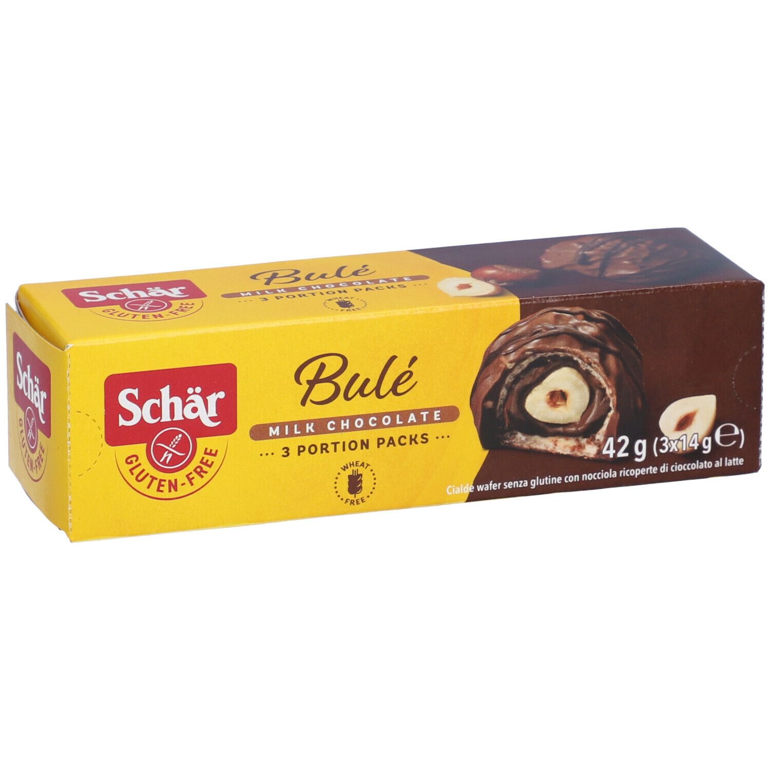 Schär Bulé Milk Chocolate, senza glutine. Confezione giallo-marrone con immagine del prodotto. Scritta: 3 porzioni. Logo senza glutine.