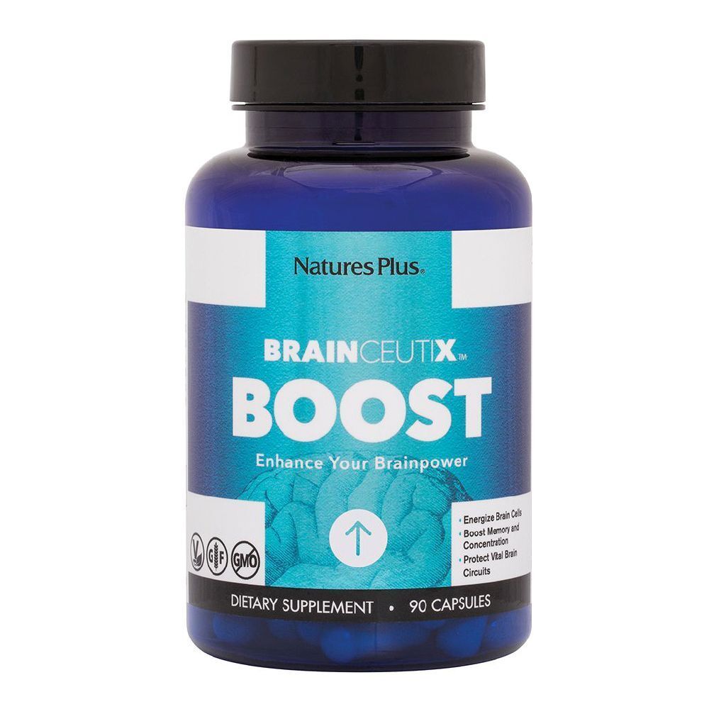 Flacone blu di Brainceutix Boost, 90 capsule. Marchio Natures Plus. Certificazioni visibili. Integratore alimentare.