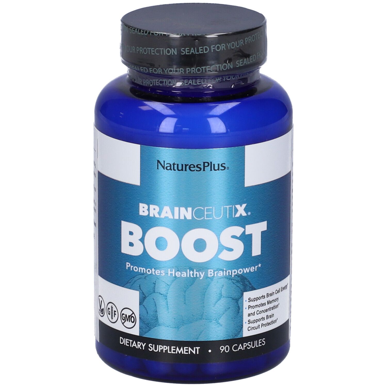 Flacone blu di Brainceutix Boost, 90 capsule. Marchio Natures Plus. Certificazioni visibili. Integratore alimentare.