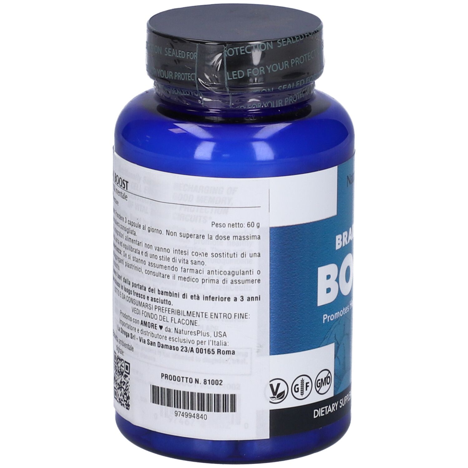 Flacone blu di Brainceutix Boost, 90 capsule. Marchio Natures Plus. Certificazioni visibili. Integratore alimentare.