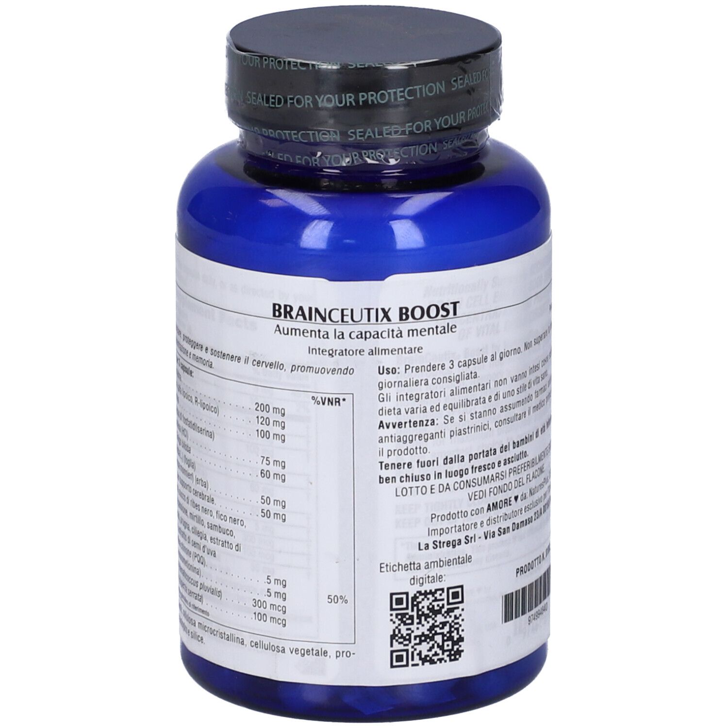 Flacone blu di Brainceutix Boost, 90 capsule. Marchio Natures Plus. Certificazioni visibili. Integratore alimentare.