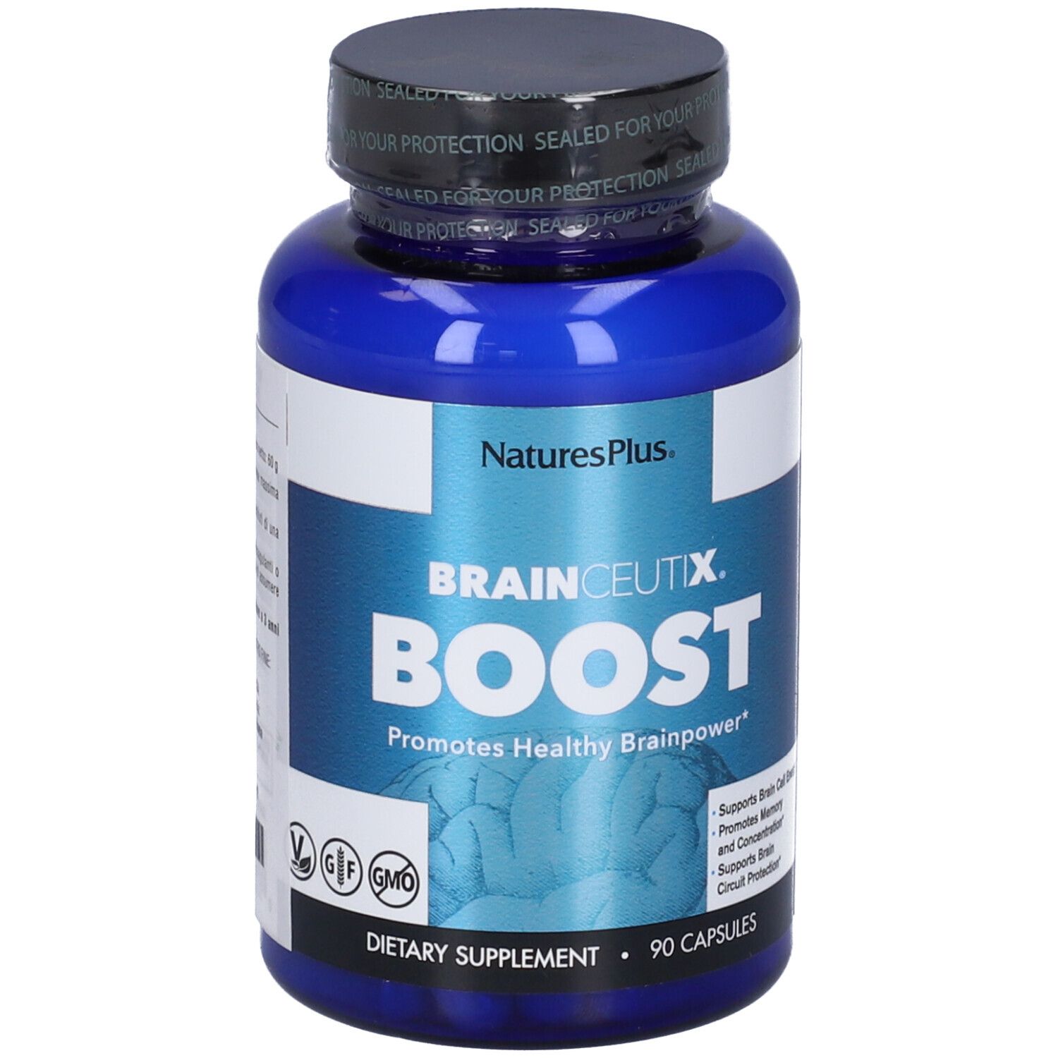 Flacone blu di Brainceutix Boost, 90 capsule. Marchio Natures Plus. Certificazioni visibili. Integratore alimentare.