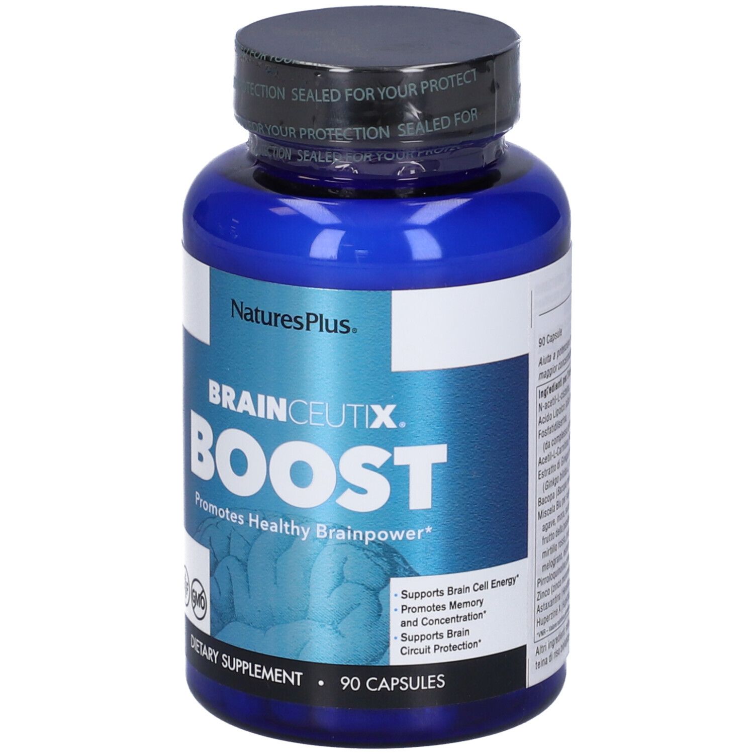 Flacone blu di Brainceutix Boost, 90 capsule. Marchio Natures Plus. Certificazioni visibili. Integratore alimentare.