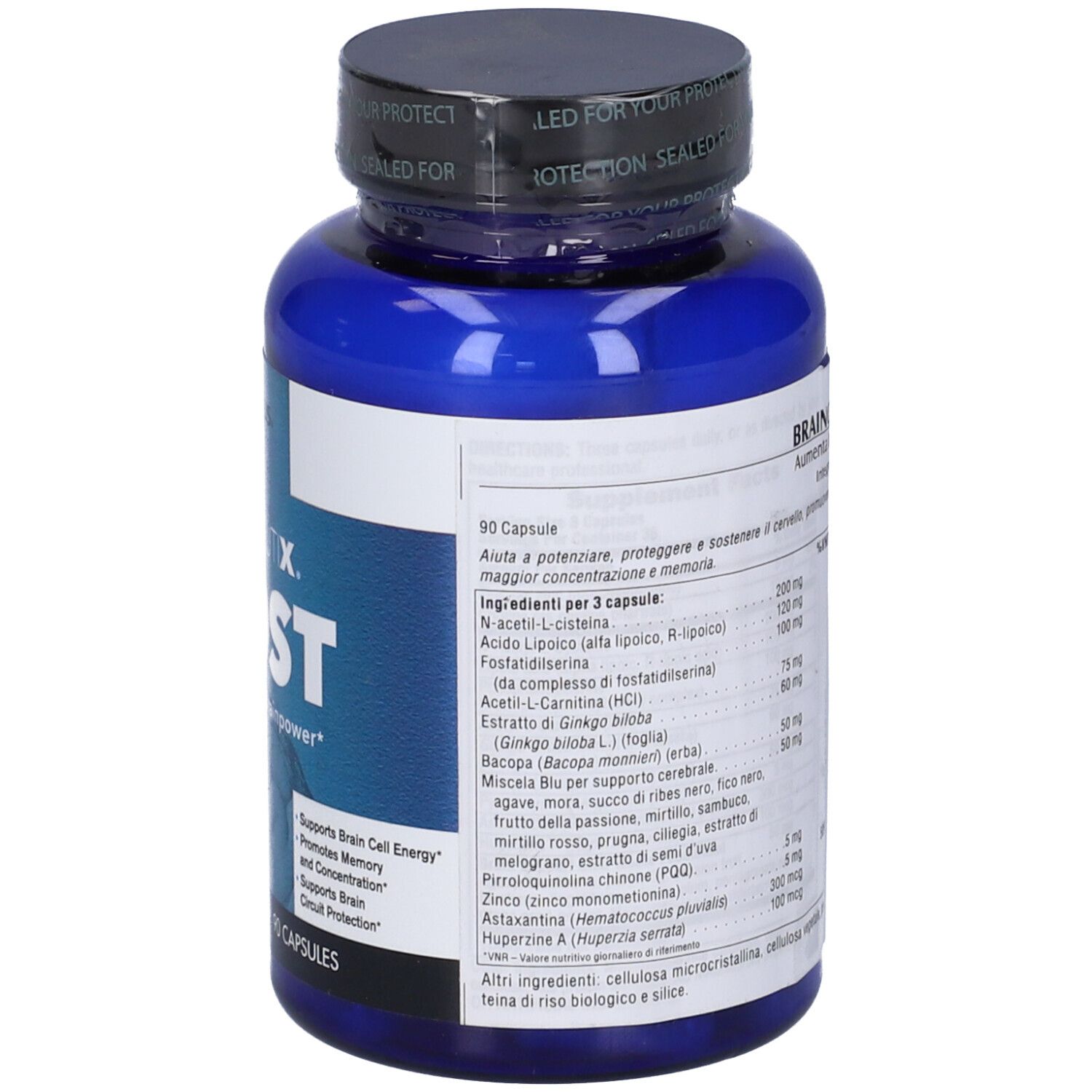 Flacone blu di Brainceutix Boost, 90 capsule. Marchio Natures Plus. Certificazioni visibili. Integratore alimentare.