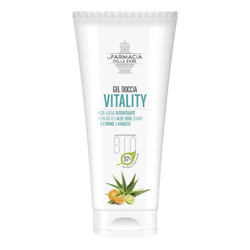 Tubo bianco con stampa verde. Testo: Gel Doccia Vitality, certificazione Bio, aloe vera, limone e arancia.