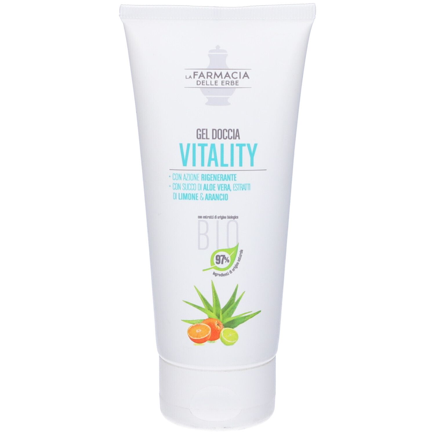Tubo bianco con stampa verde. Testo: Gel Doccia Vitality, certificazione Bio, aloe vera, limone e arancia.