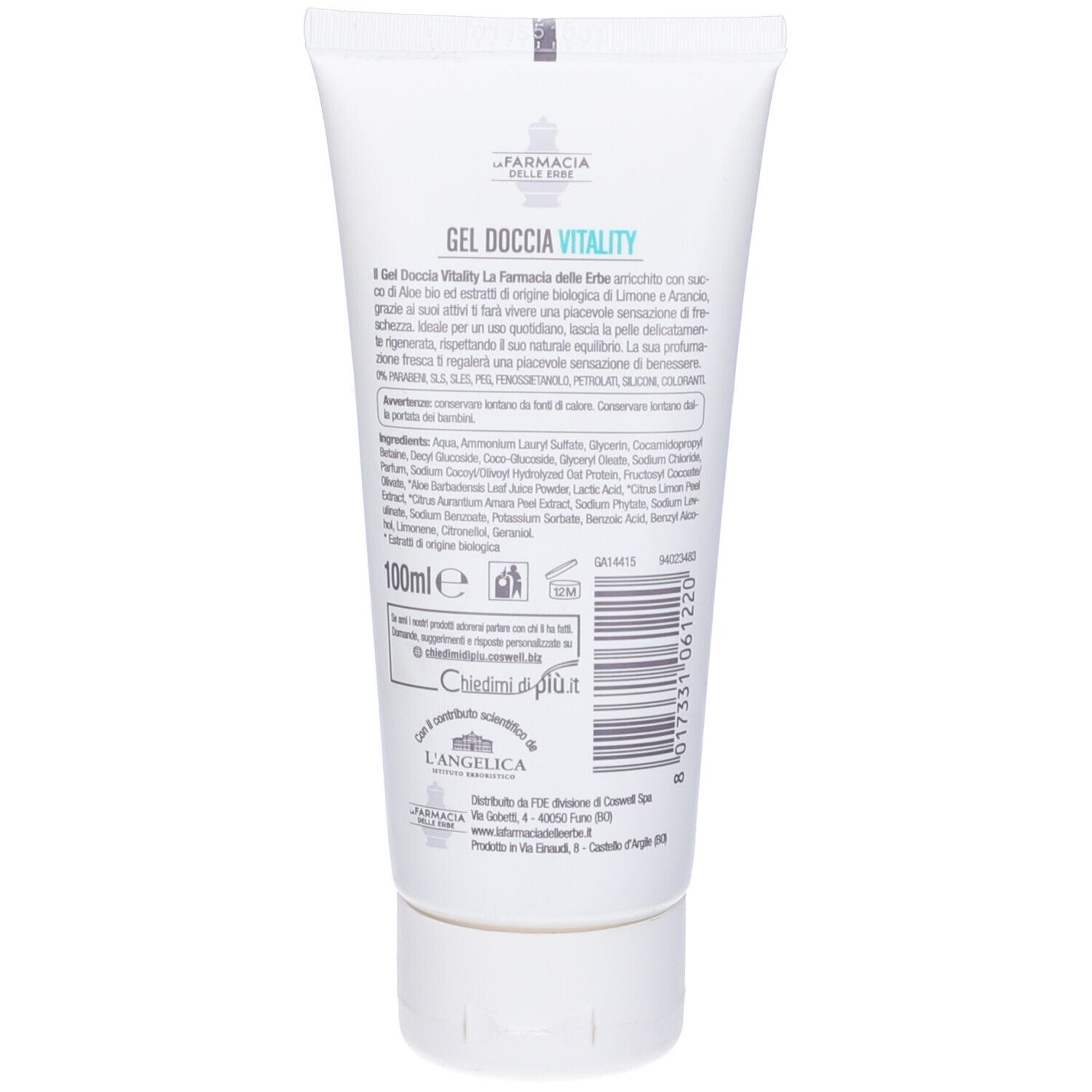 Retro di un tubo bianco. Testo: Gel Doccia Vitality, ingredienti, 100ml, certificazione Bio, loghi e contatti.