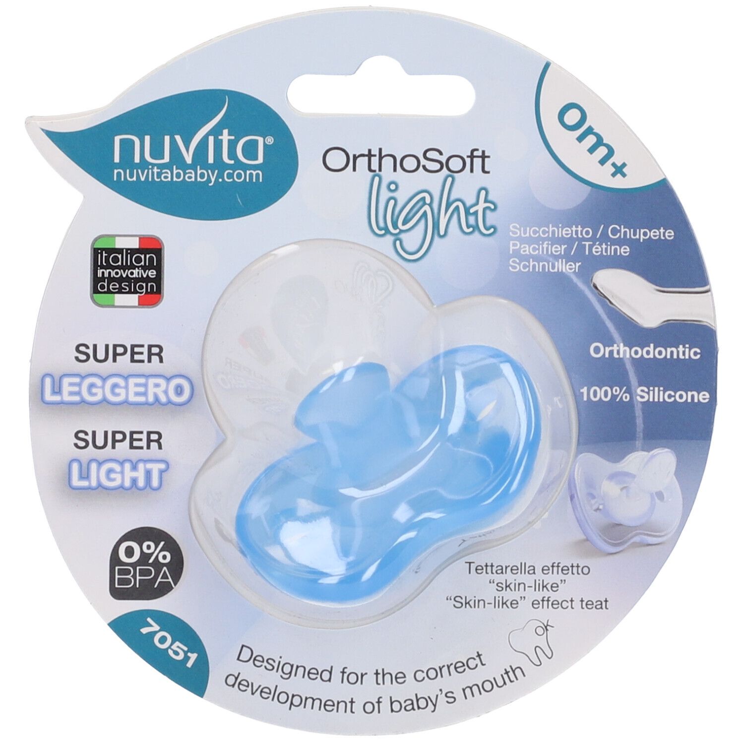Confezione con succhietto blu. Marchio Nuvita, OrthoSoft light, 0% BPA.