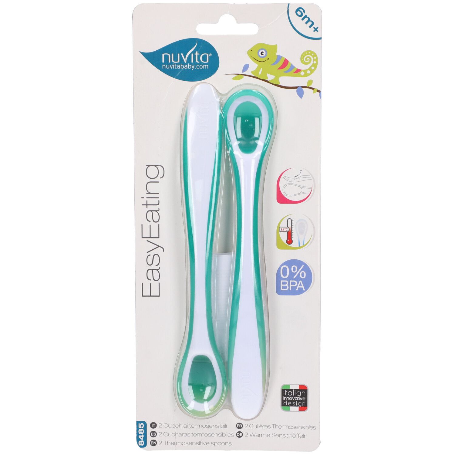 Confezione con due cucchiai verdi e bianchi. Marchio Nuvita. Termosensibile. 6m+.