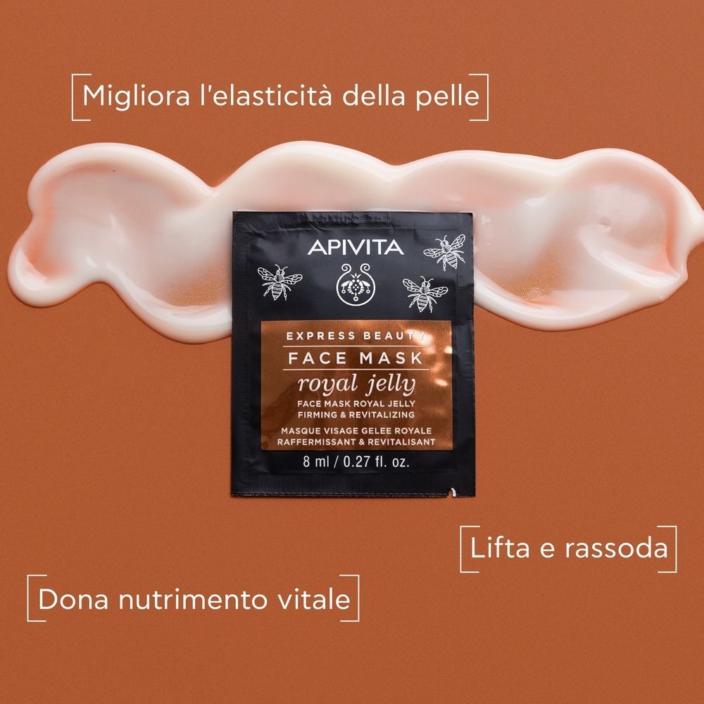 Bustina APIVITA EXPRESS BEAUTY Royal Jelly Face Mask accanto alla crema. Testo: Face Mask, 8 ml / 0.27 fl. oz. Scritta: Migliora l'elasticità della pelle.