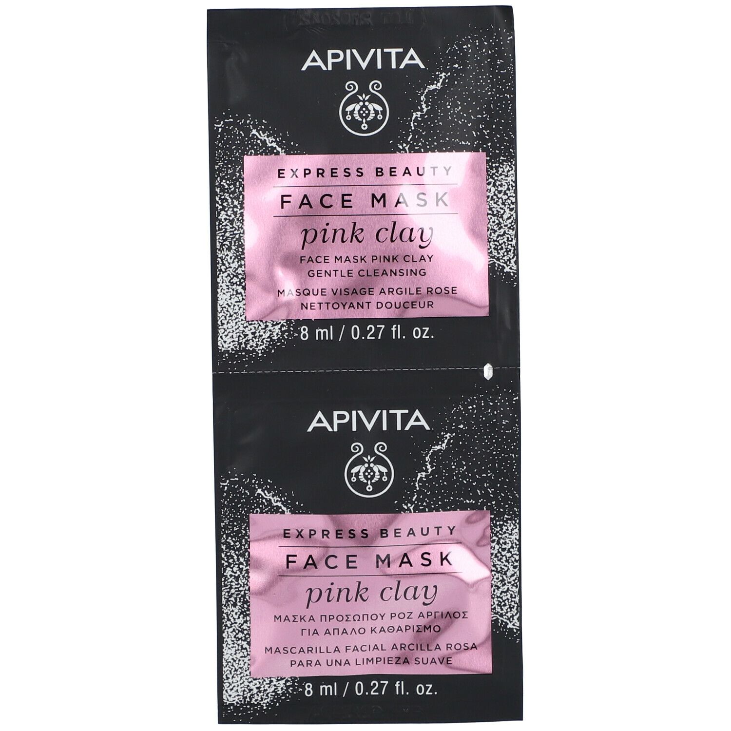 Zwei schwarze Beutel mit rosa Aufdruck. Aufschrift: APIVITA EXPRESS BEAUTY FACE MASK pink clay. 8 ml / 0.27 fl. oz.